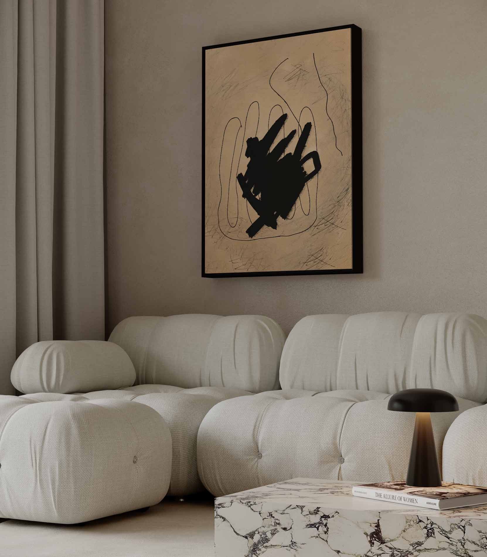 Abstracte Expressie in Zwart en Beige Kunstwerk-canvas-dibond-plexiglas-wanddecoratie-WallArtistic