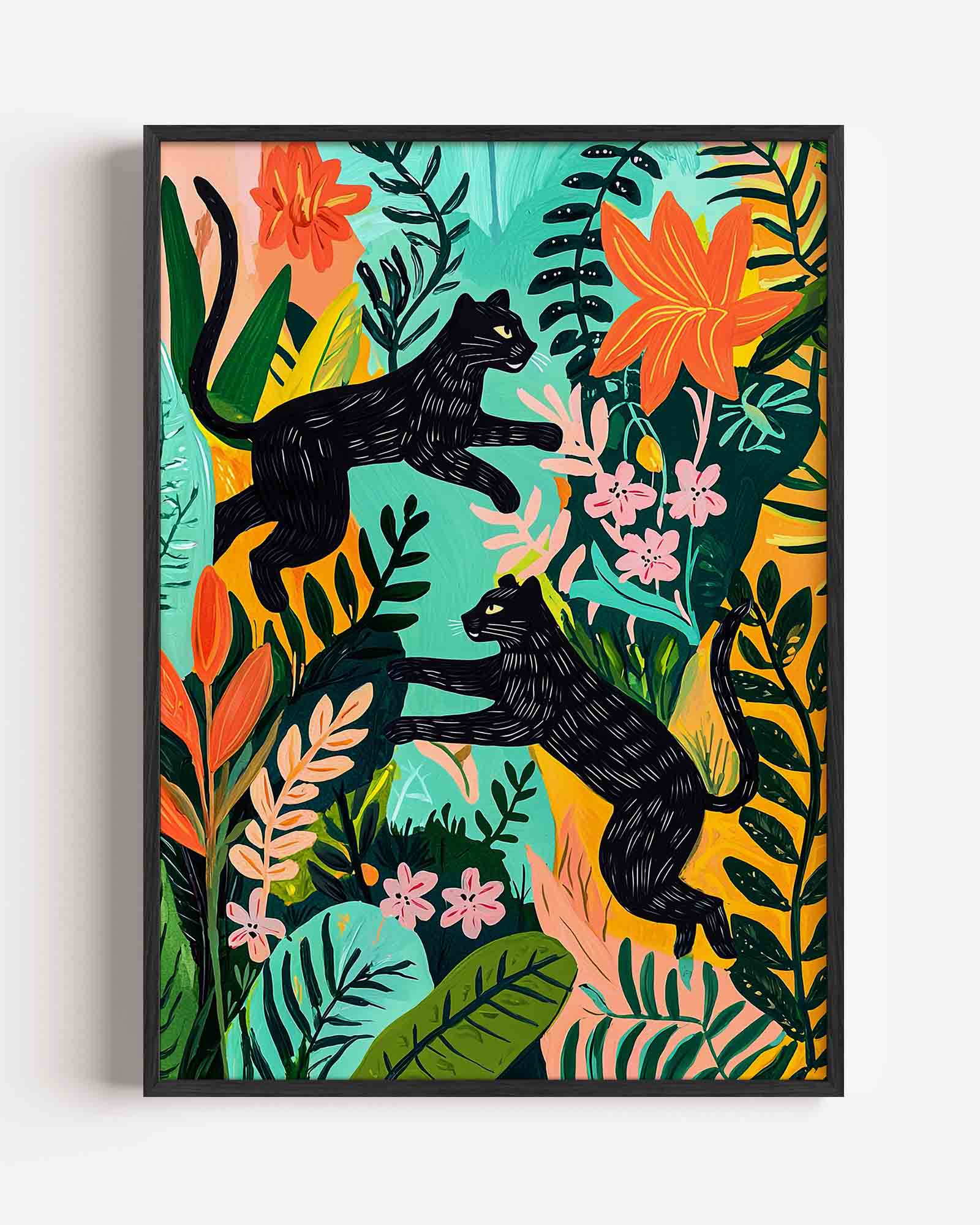 Zwarte panters en bloemen Poster