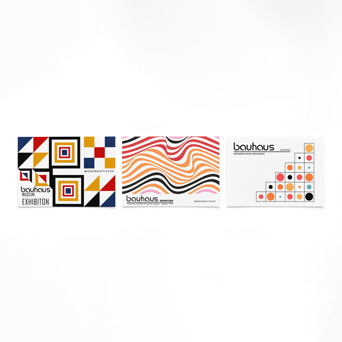 Drie landscape posters met vlakken, golven en cirkels als vrijstaande productfoto