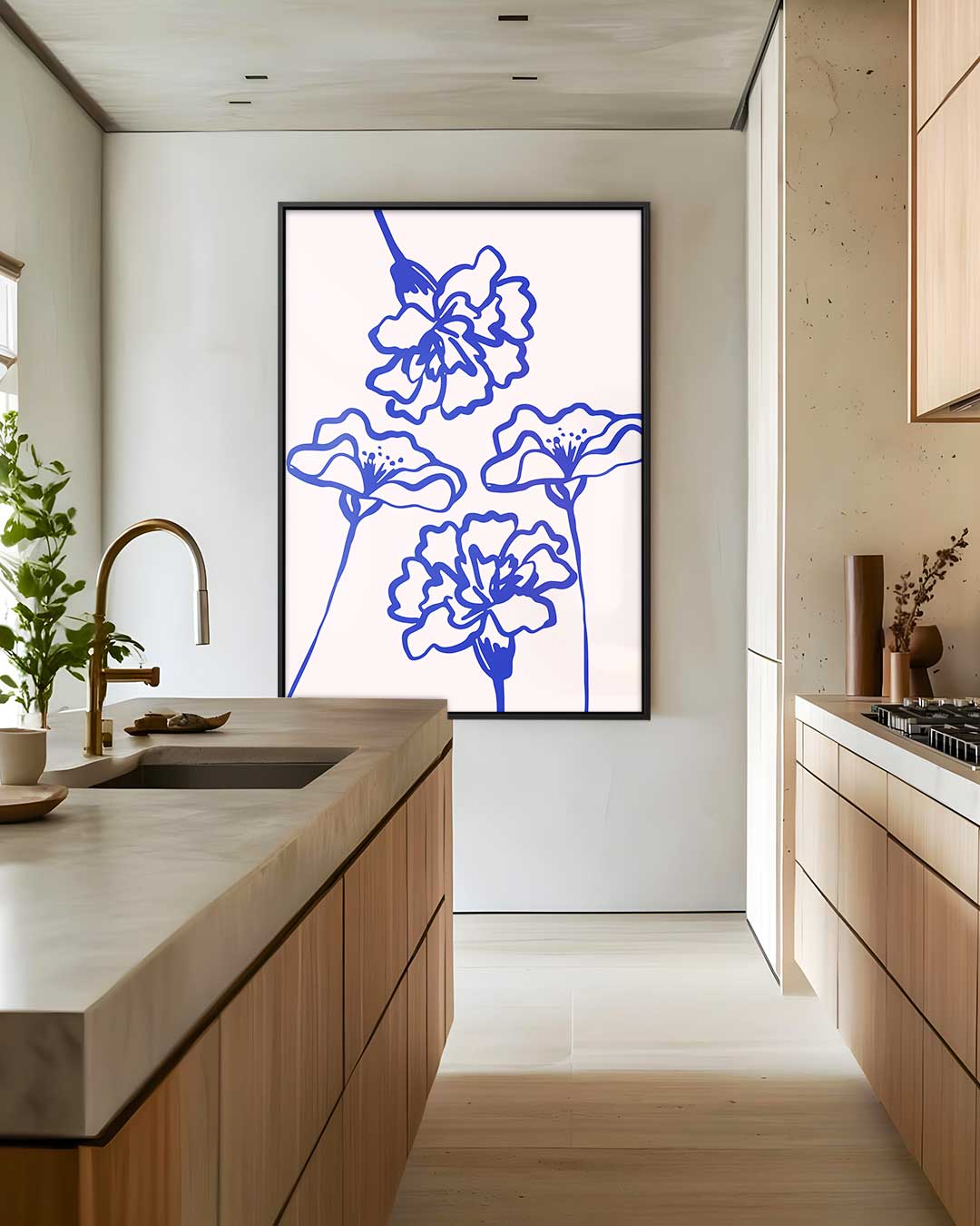 Bloemen in Blauwe Lijnen Kunstwerk-canvas-dibond-plexiglas-wanddecoratie-WallArtistic