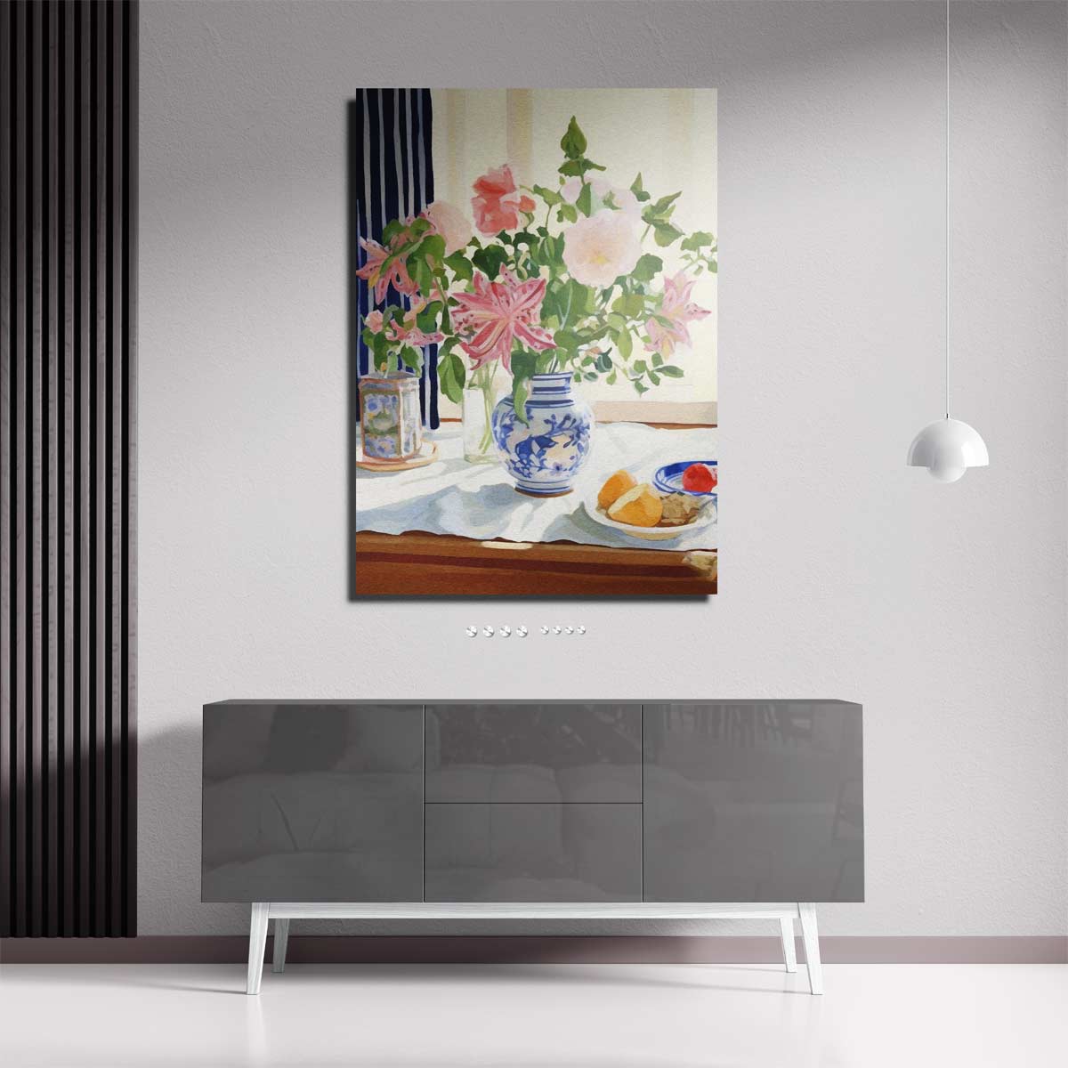 Zomers Bloemenboeket in Blauwe Vaas Kunstwerk-canvas-dibond-plexiglas-wanddecoratie-WallArtistic