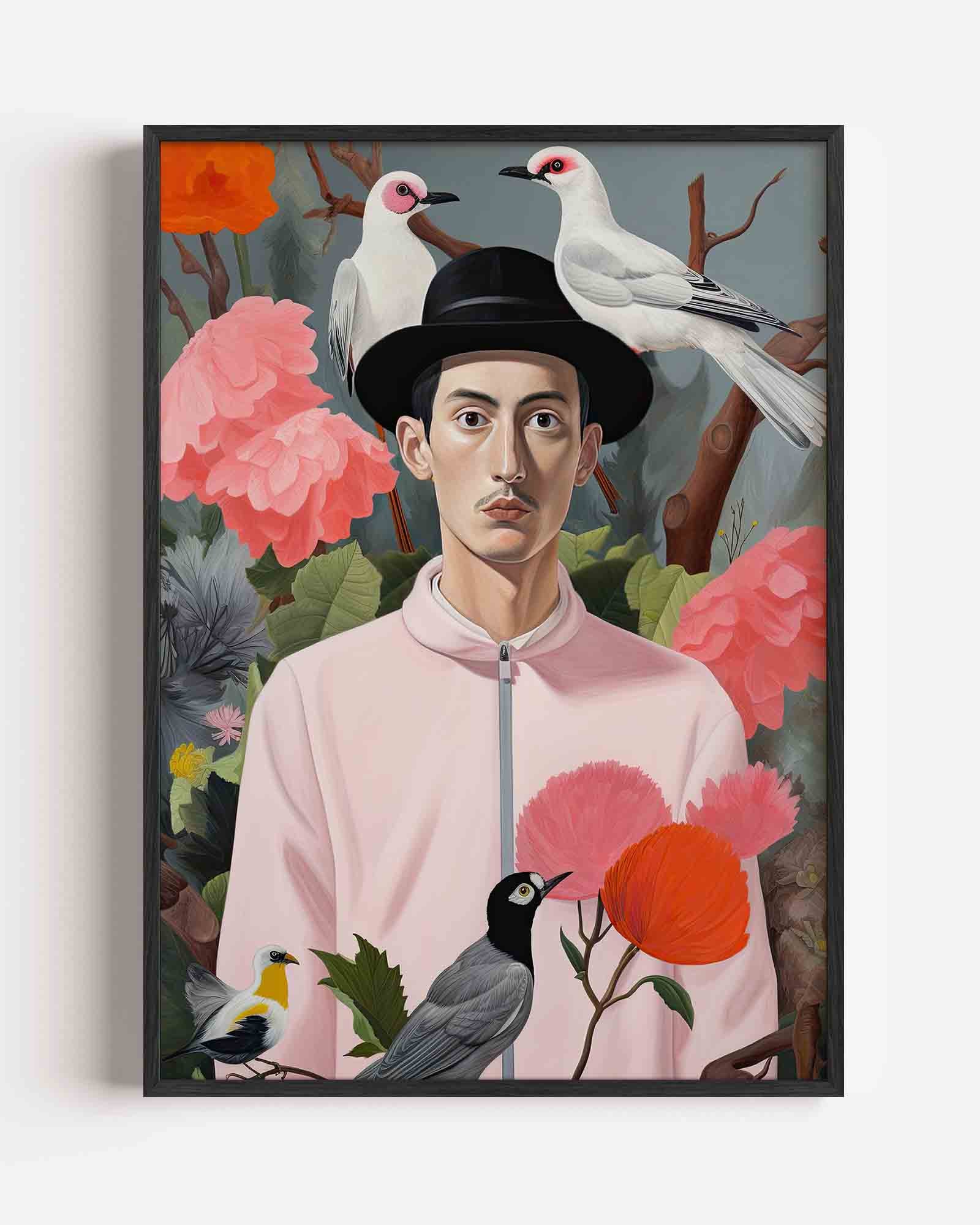 Man met vogels en bloemen Poster