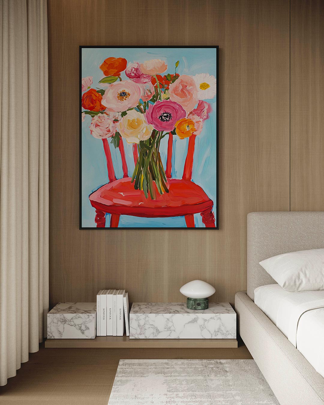 Bloemen op stoel Kunstwerk