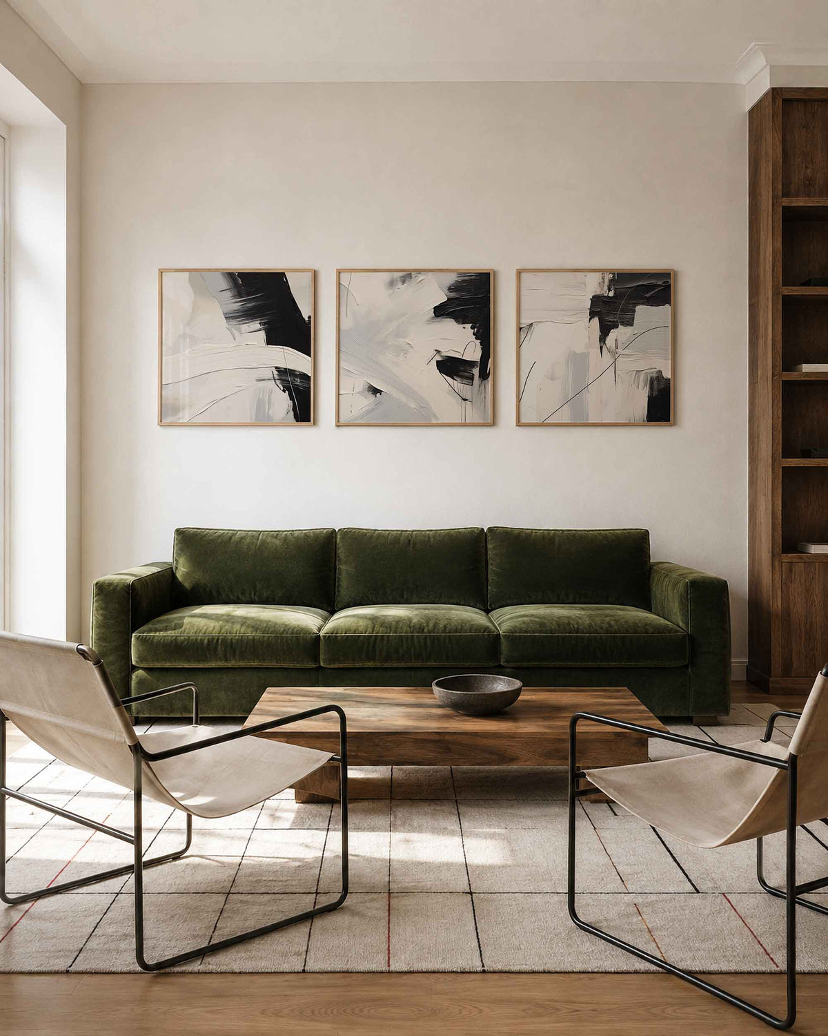 Interieurpresentatie van een driedelige vierkante posterset met zwart wit abstract