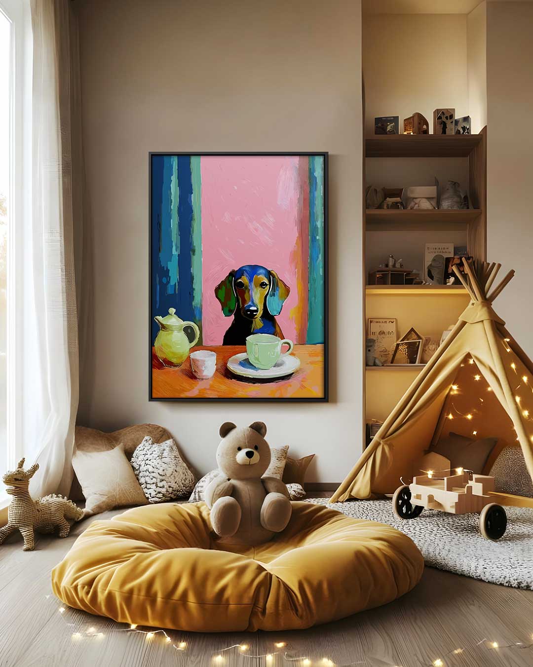 Koffiepauze met Teckel Kunstwerk-canvas-dibond-plexiglas-wanddecoratie-WallArtistic