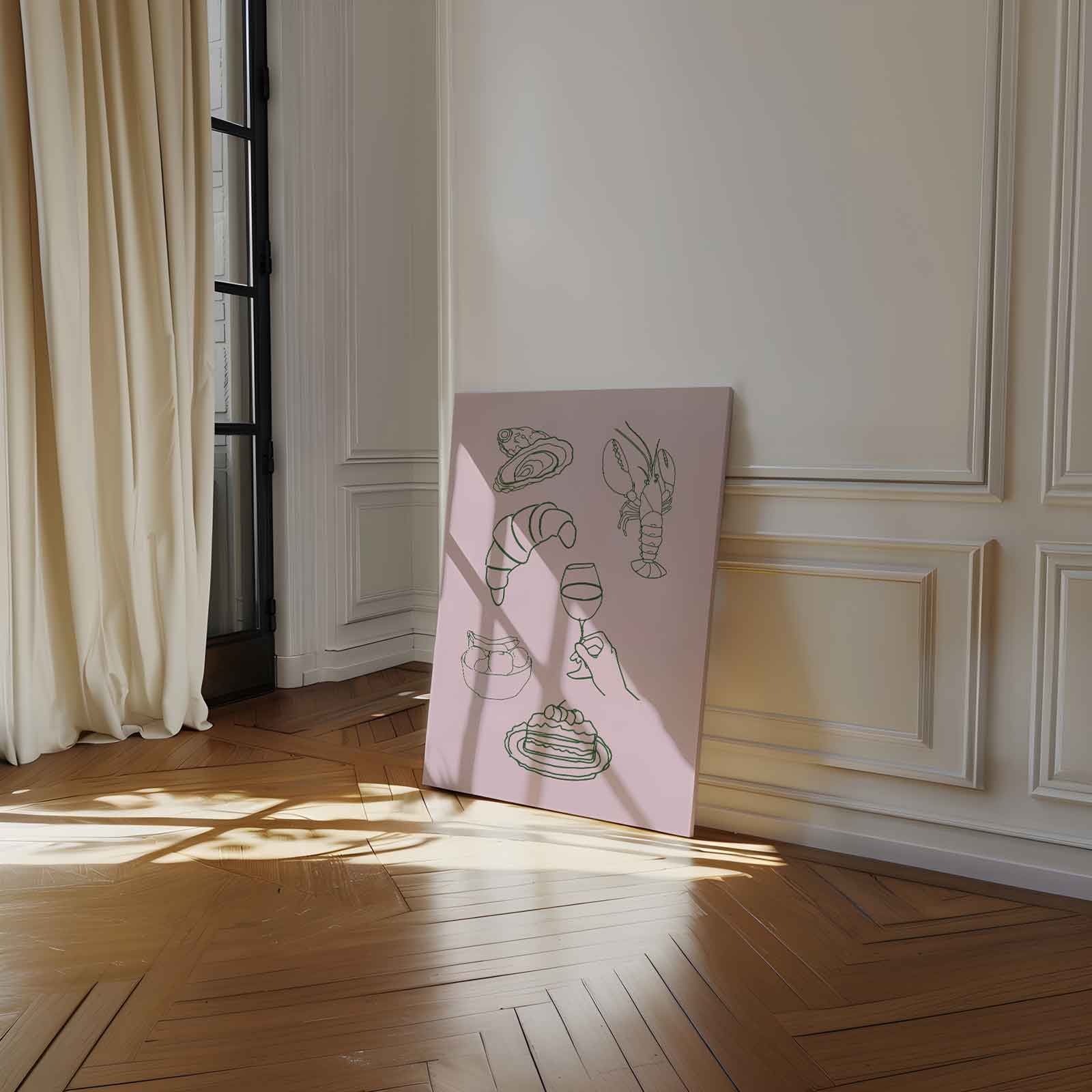 Culinaire Illustratie op Roze Kunstwerk-canvas-dibond-plexiglas-wanddecoratie-WallArtistic