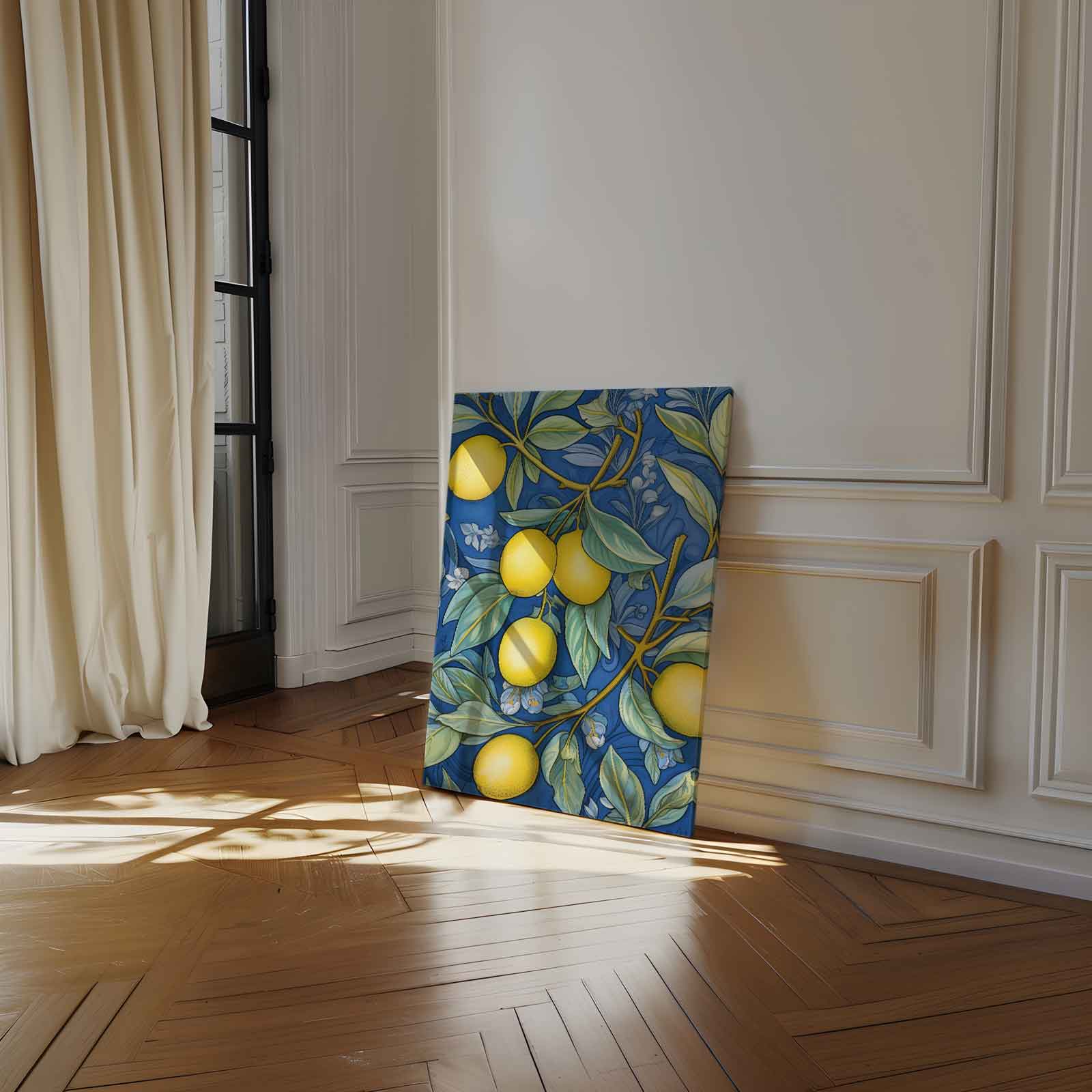 Kleurrijke Citroen Illustratie op Blauw Kunstwerk-canvas-dibond-plexiglas-wanddecoratie-WallArtistic