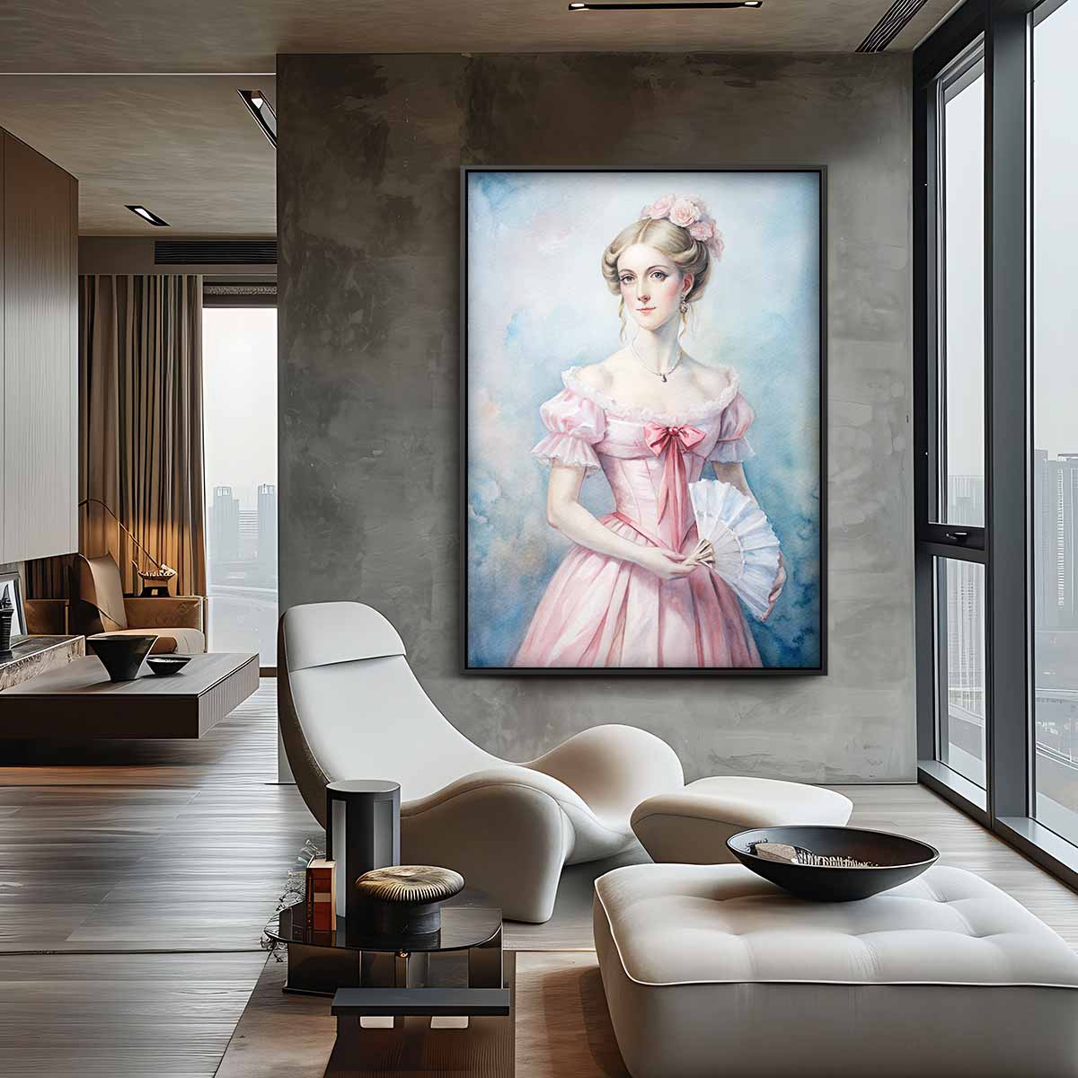 Dame in Roze Jurk Kunstwerk-canvas-dibond-plexiglas-wanddecoratie-WallArtistic