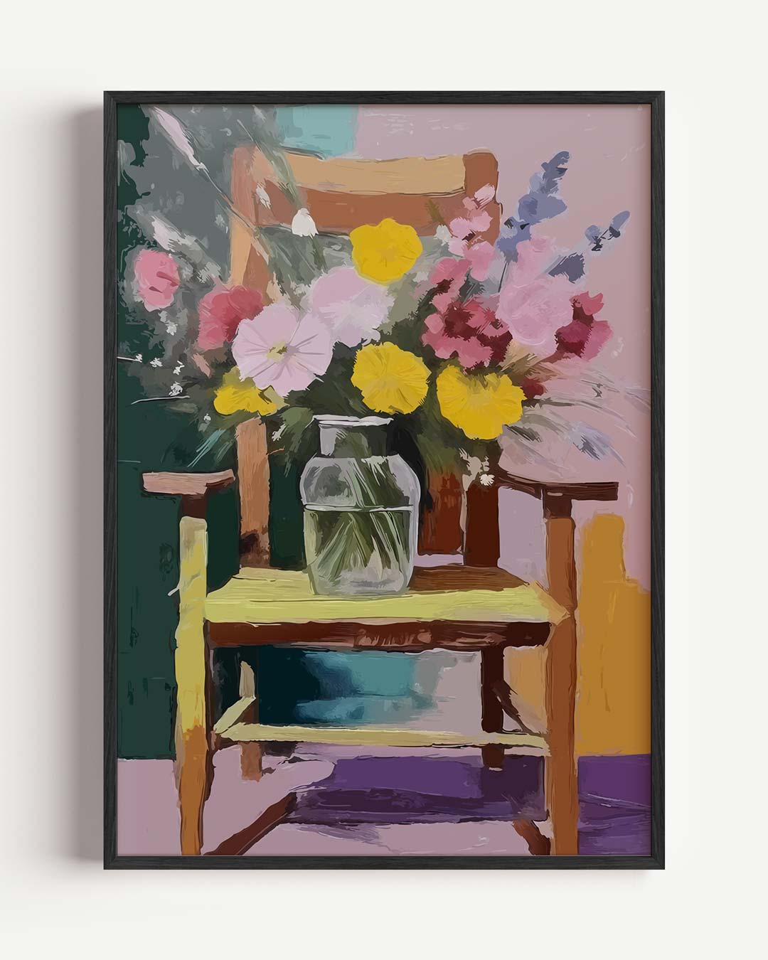 Romantische Bloemenpracht op Houten Stoel Poster