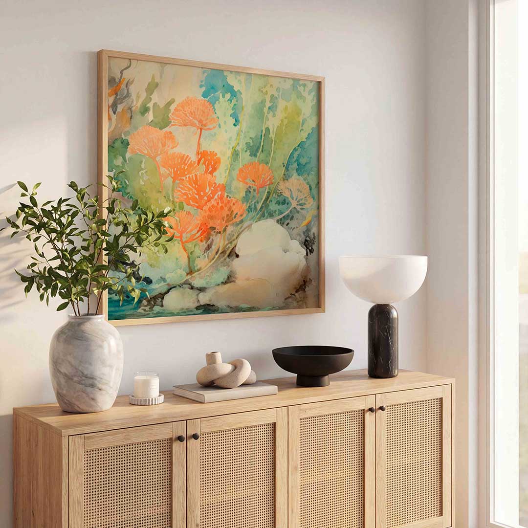 Oranje bloemen en groene bladeren Poster
