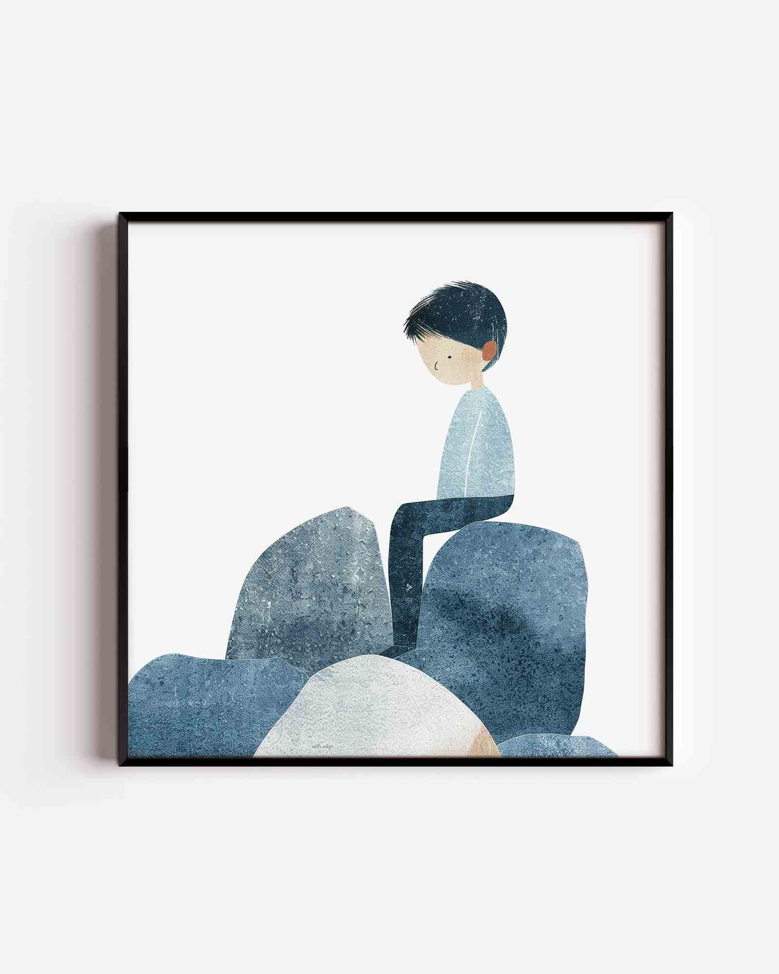 Zittende figuur op stenen Poster