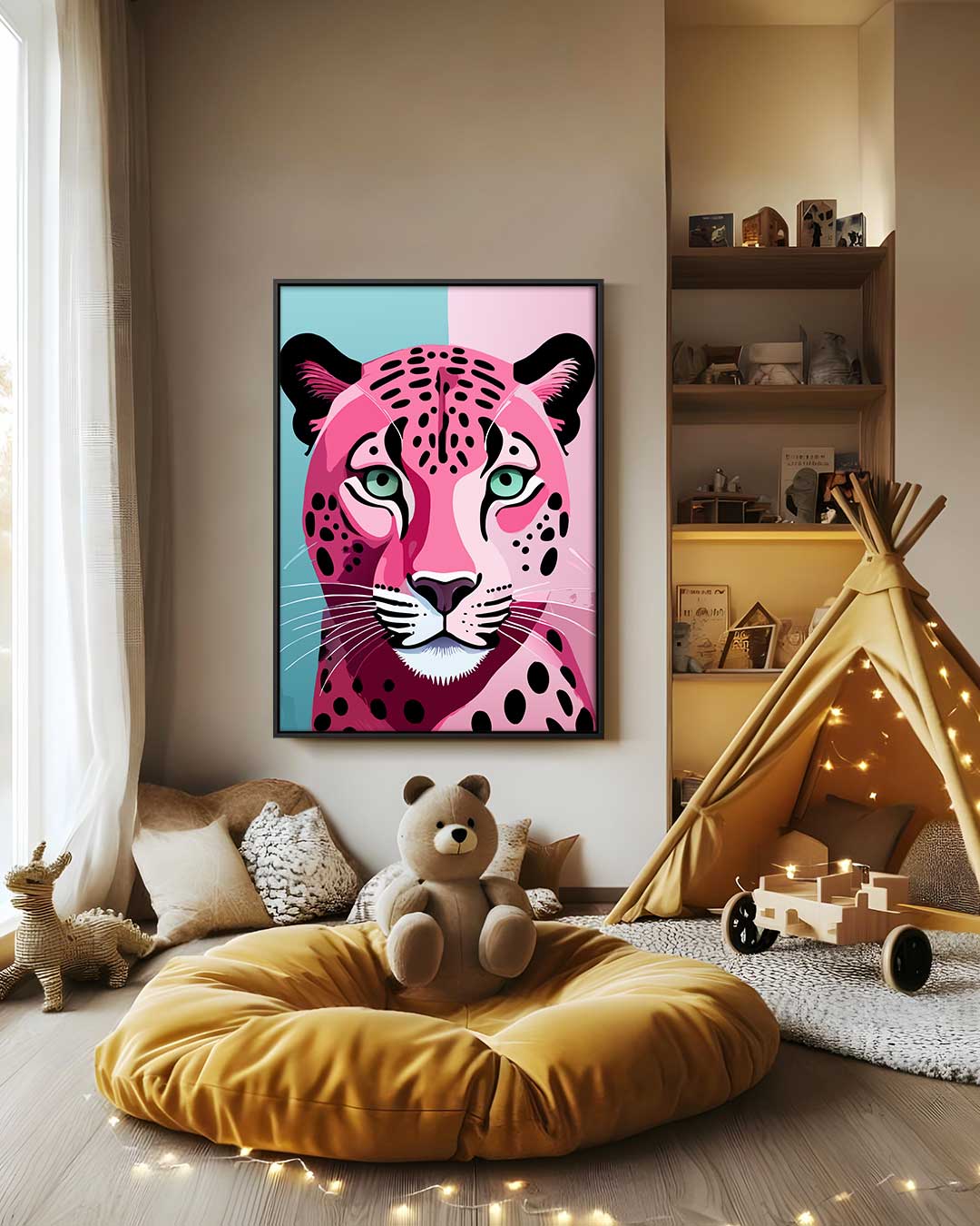 Kleurrijke Luipaard Expressie Kunstwerk-canvas-dibond-plexiglas-wanddecoratie-WallArtistic