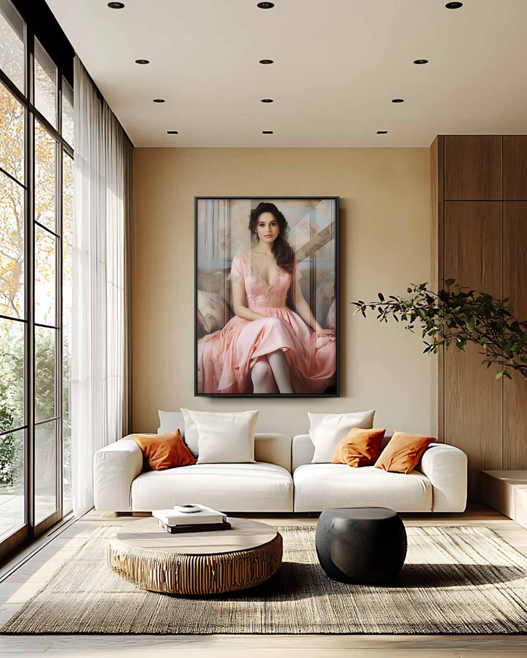 Dromerige Dame in Roze Jurk Kunstwerk-canvas-dibond-plexiglas-wanddecoratie-WallArtistic