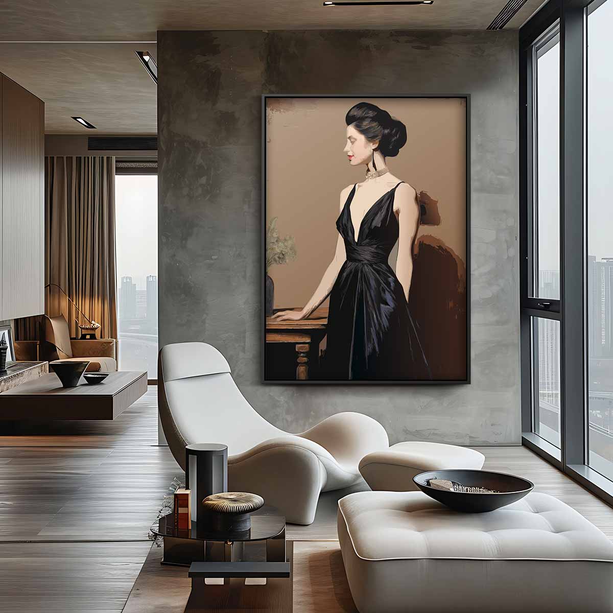 Elegante Dame in Zwart Kunstwerk-canvas-dibond-plexiglas-wanddecoratie-WallArtistic
