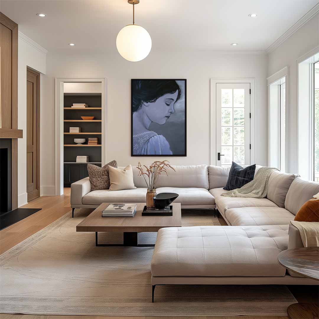 Dromerig Meisje in Grijstinten Kunstwerk-canvas-dibond-plexiglas-wanddecoratie-WallArtistic