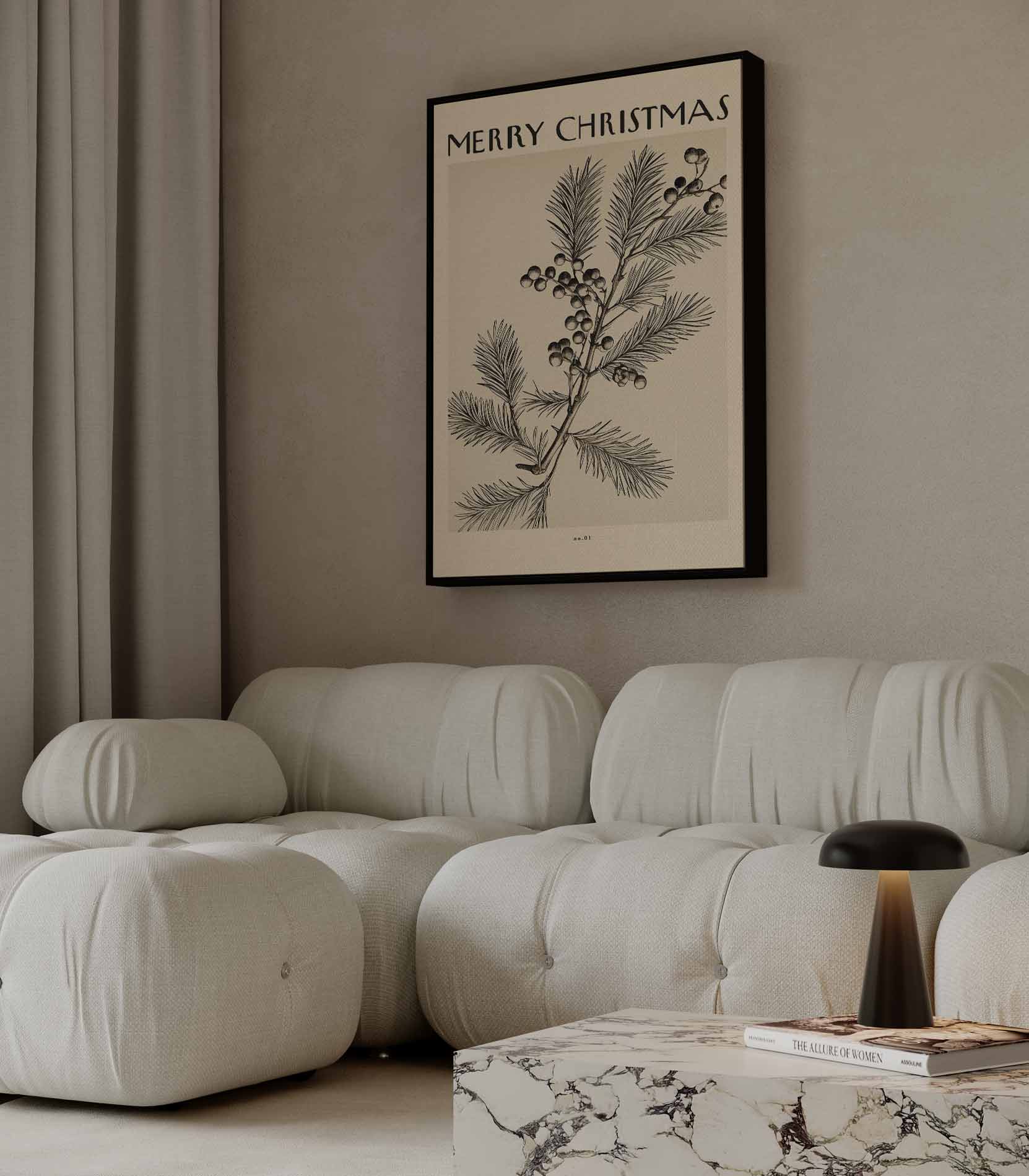 Vintage Kerstkaart met Dennen en Bessen Kunstwerk-canvas-dibond-plexiglas-wanddecoratie-WallArtistic