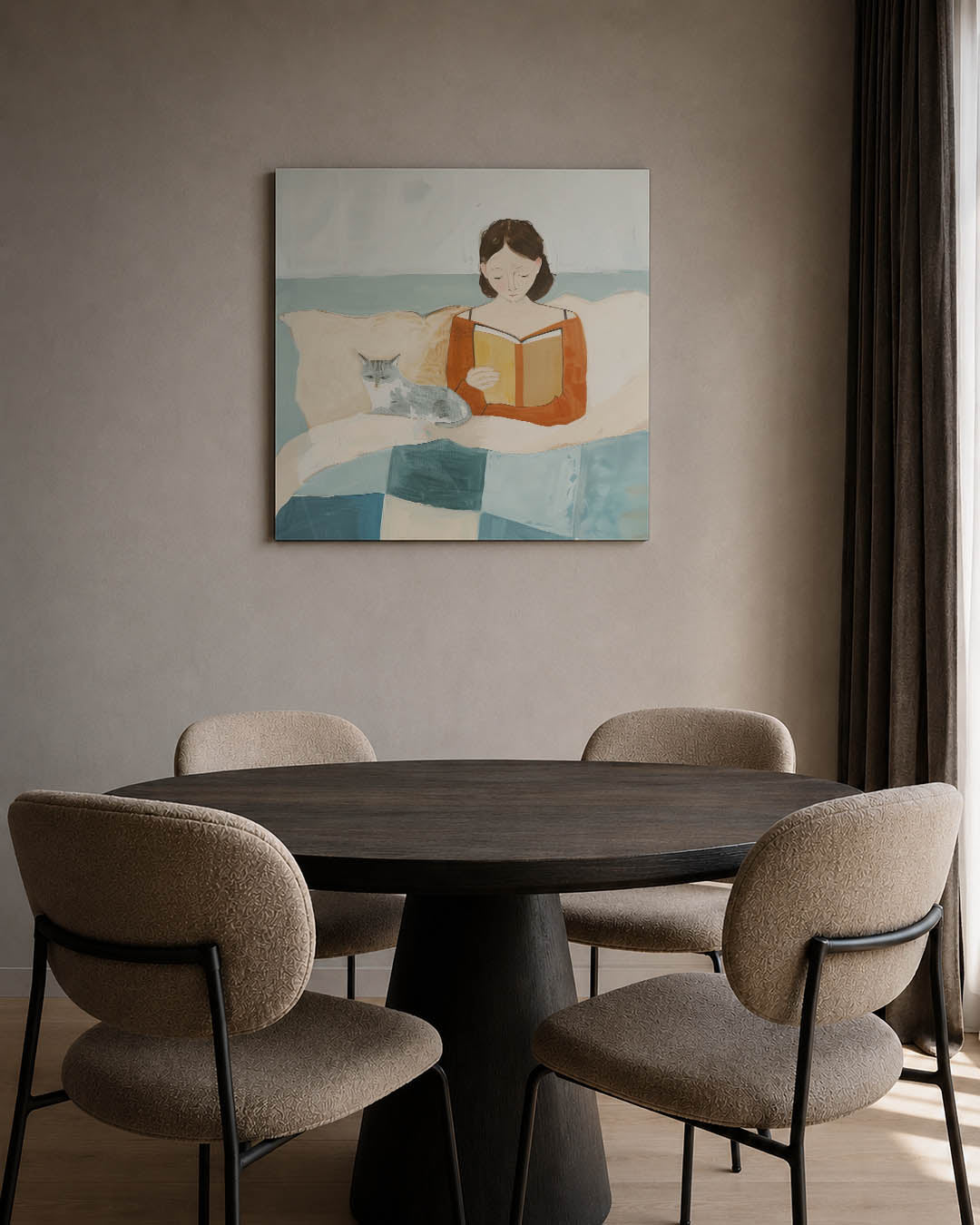 Lezende vrouw met kat Kunstwerk