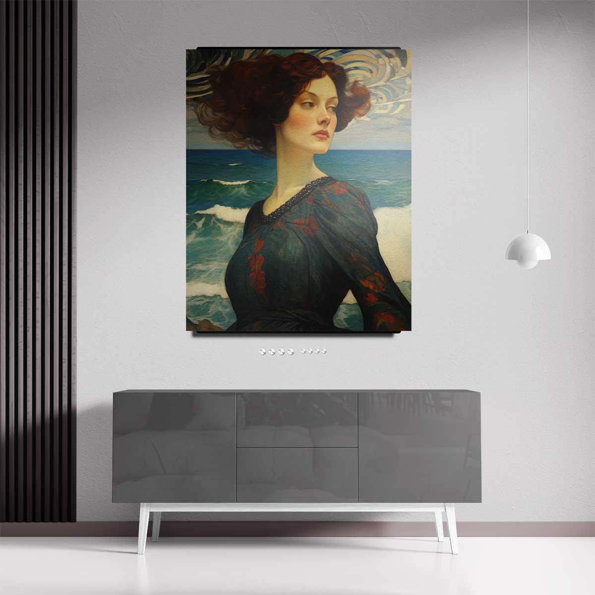 Dromerige dame aan zee Kunstwerk-canvas-dibond-plexiglas-wanddecoratie-WallArtistic