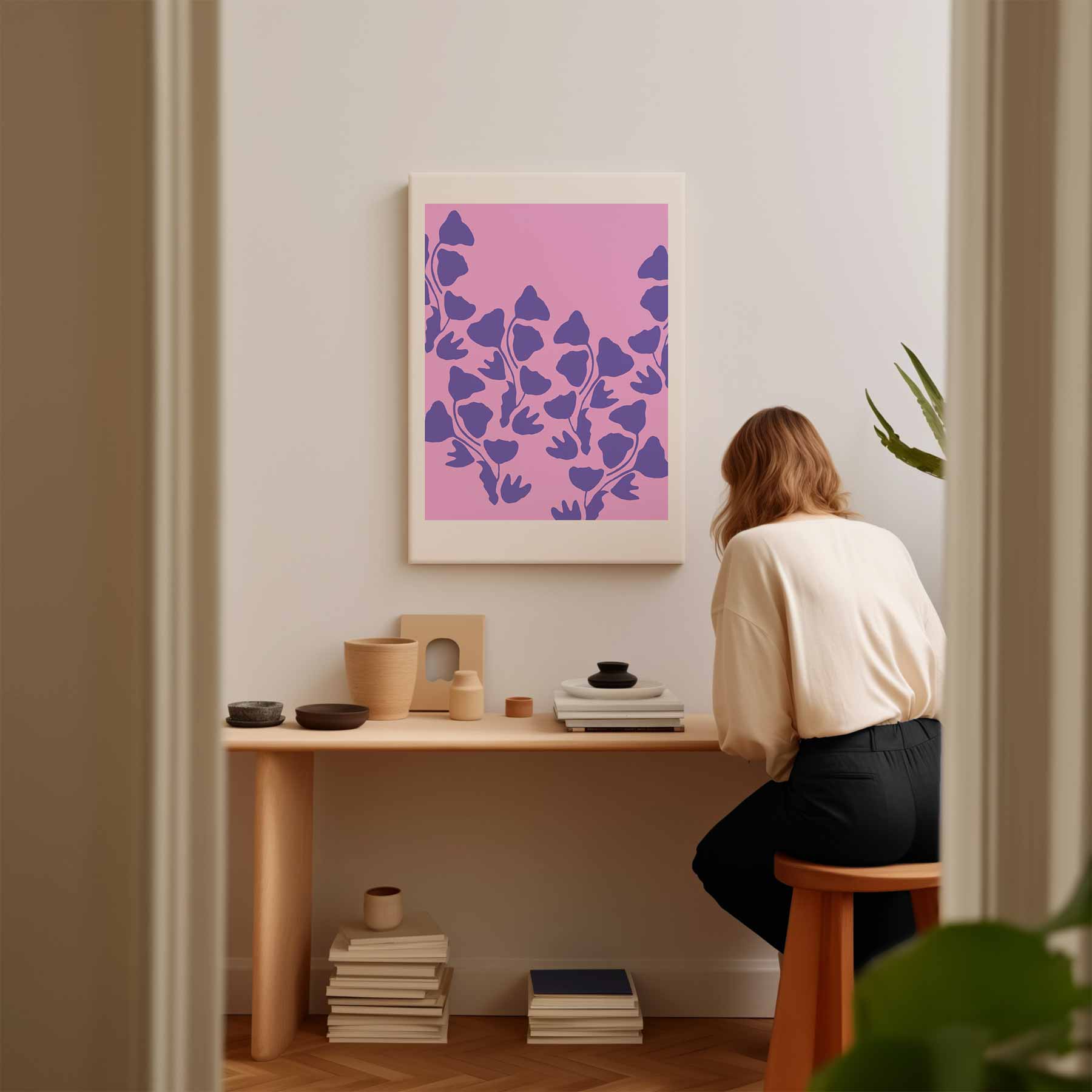 Vrolijke Paarse Bloemen op Roze Kunstwerk-canvas-dibond-plexiglas-wanddecoratie-WallArtistic
