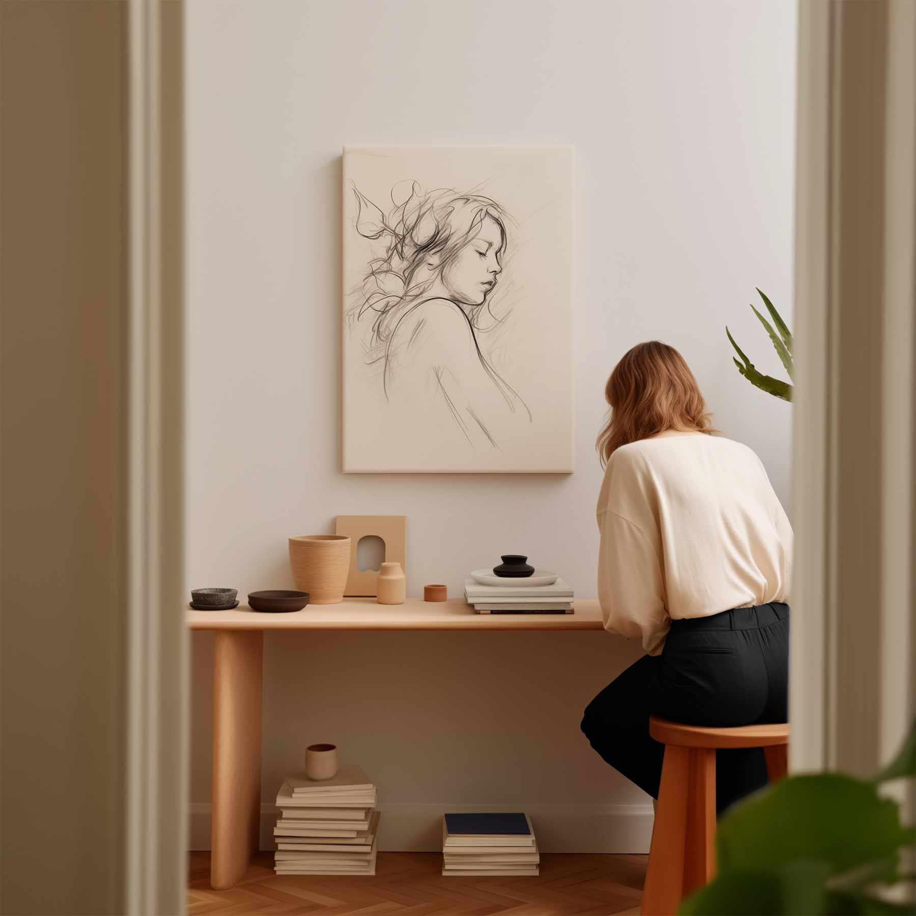Dromerige Schets van Vrouwelijk Portret Kunstwerk-canvas-dibond-plexiglas-wanddecoratie-WallArtistic