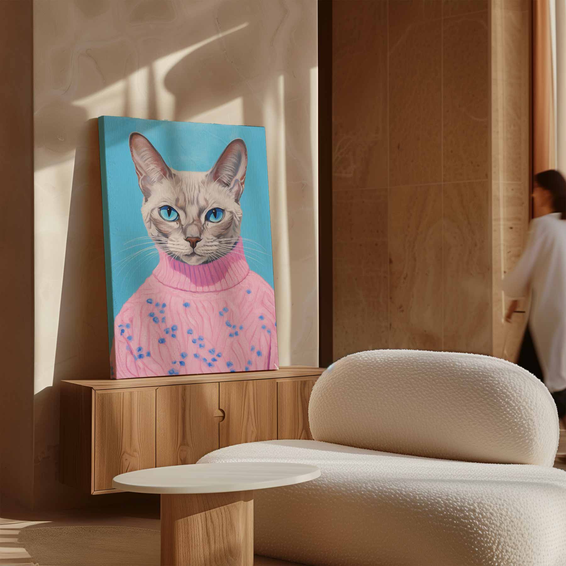 Kat in Roze Trui Portret Kunstwerk-canvas-dibond-plexiglas-wanddecoratie-WallArtistic