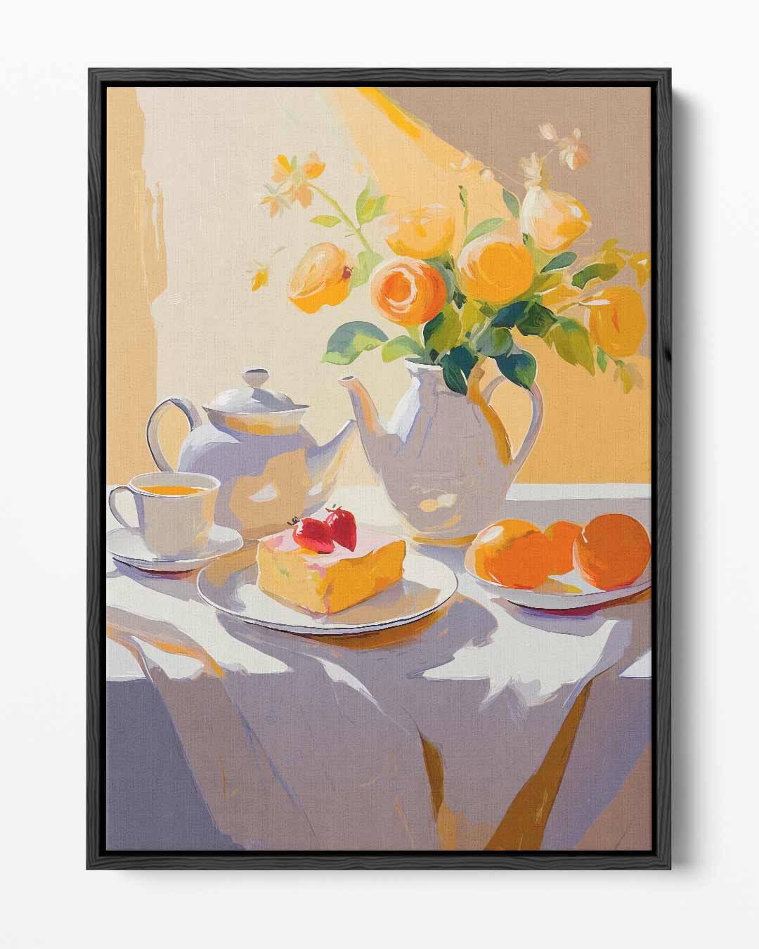 Zonovergoten Stilleven met Bloemen en Thee Kunstwerk-canvas-dibond-plexiglas-wanddecoratie-WallArtistic