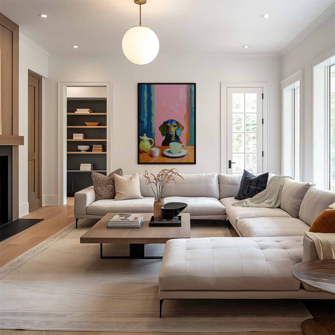 Koffiepauze met Teckel Kunstwerk-canvas-dibond-plexiglas-wanddecoratie-WallArtistic