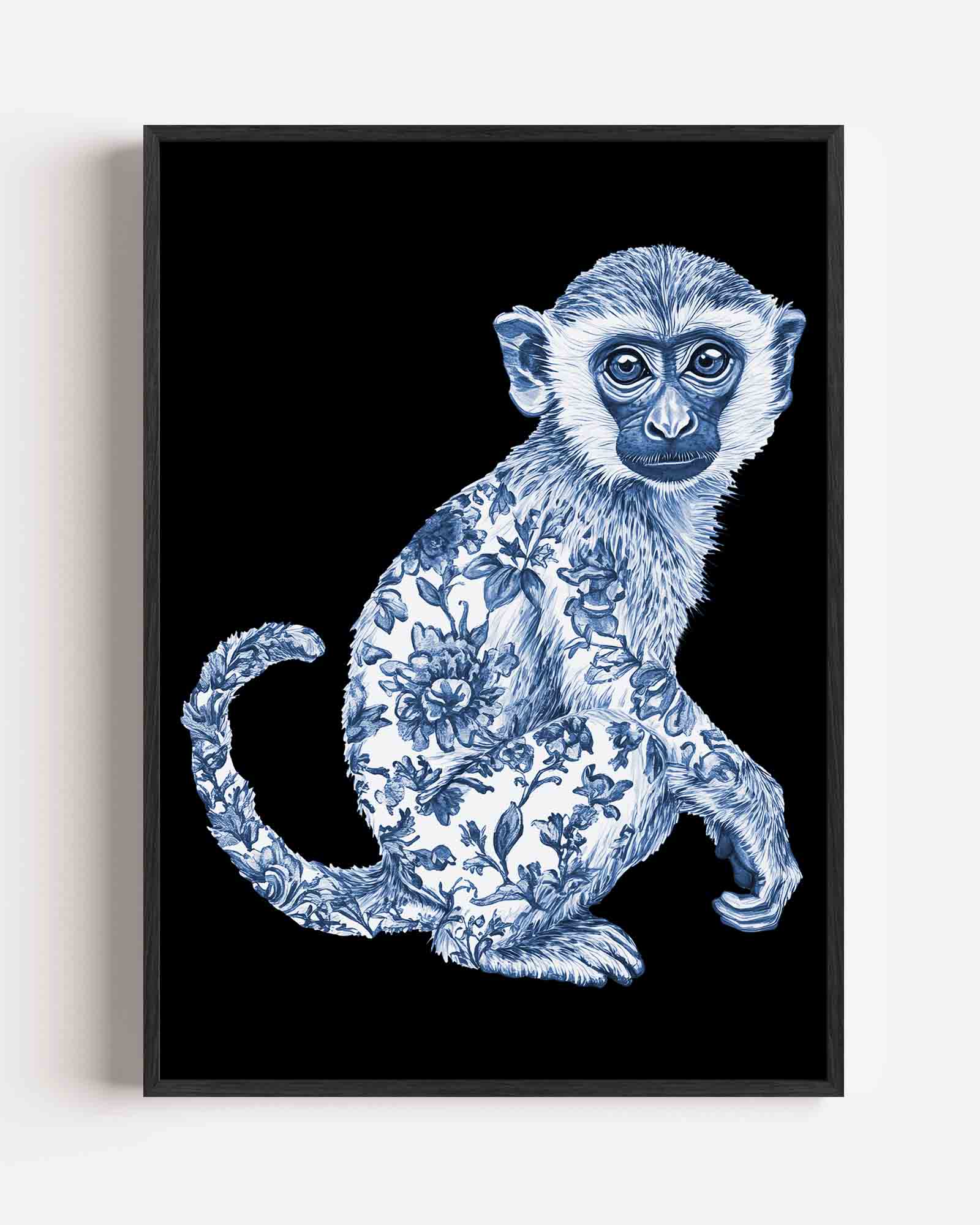 Blauwe aap met bloemen Poster