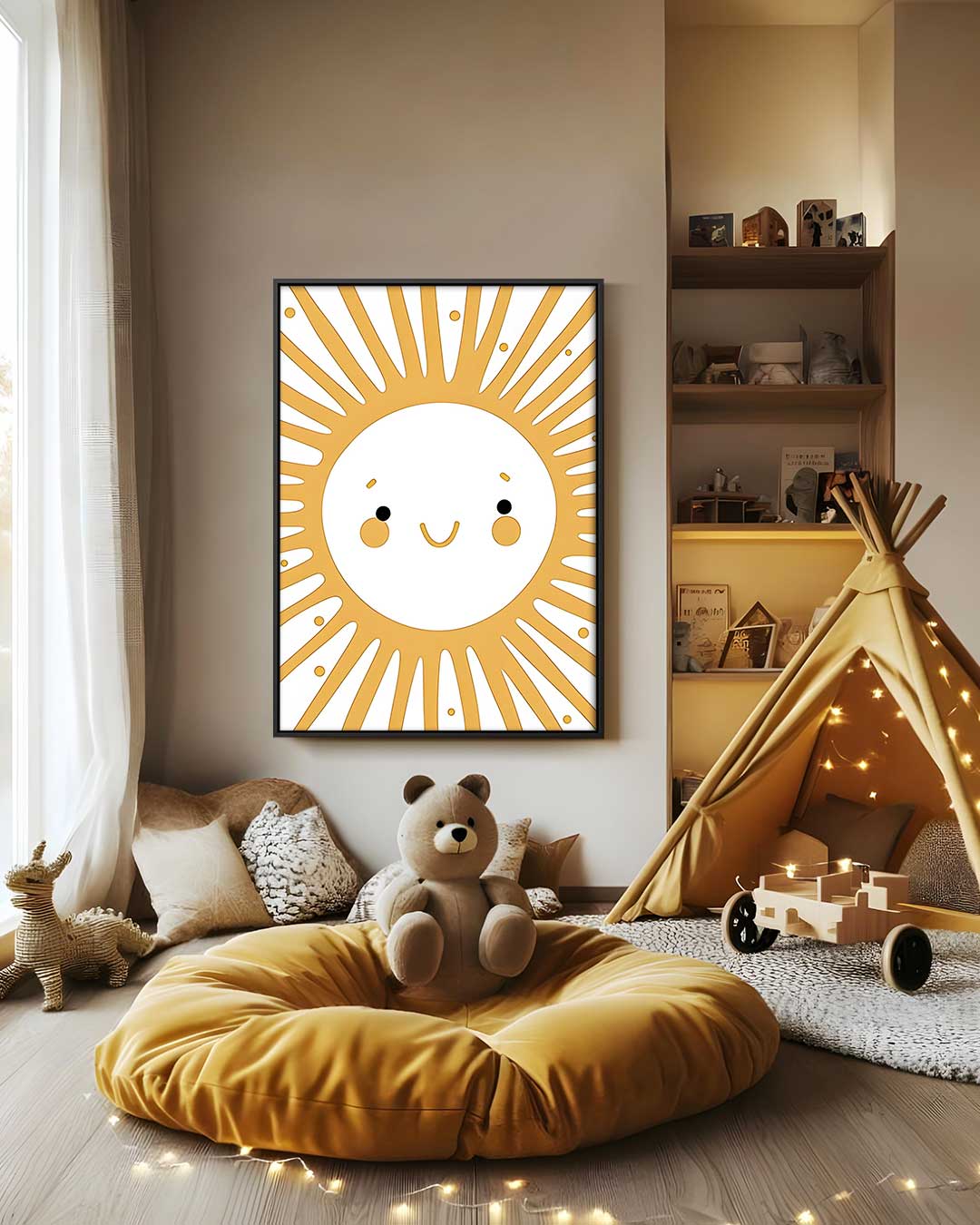 Stralende Zon Met Vrolijk Gezichtje Kunstwerk-canvas-dibond-plexiglas-wanddecoratie-WallArtistic