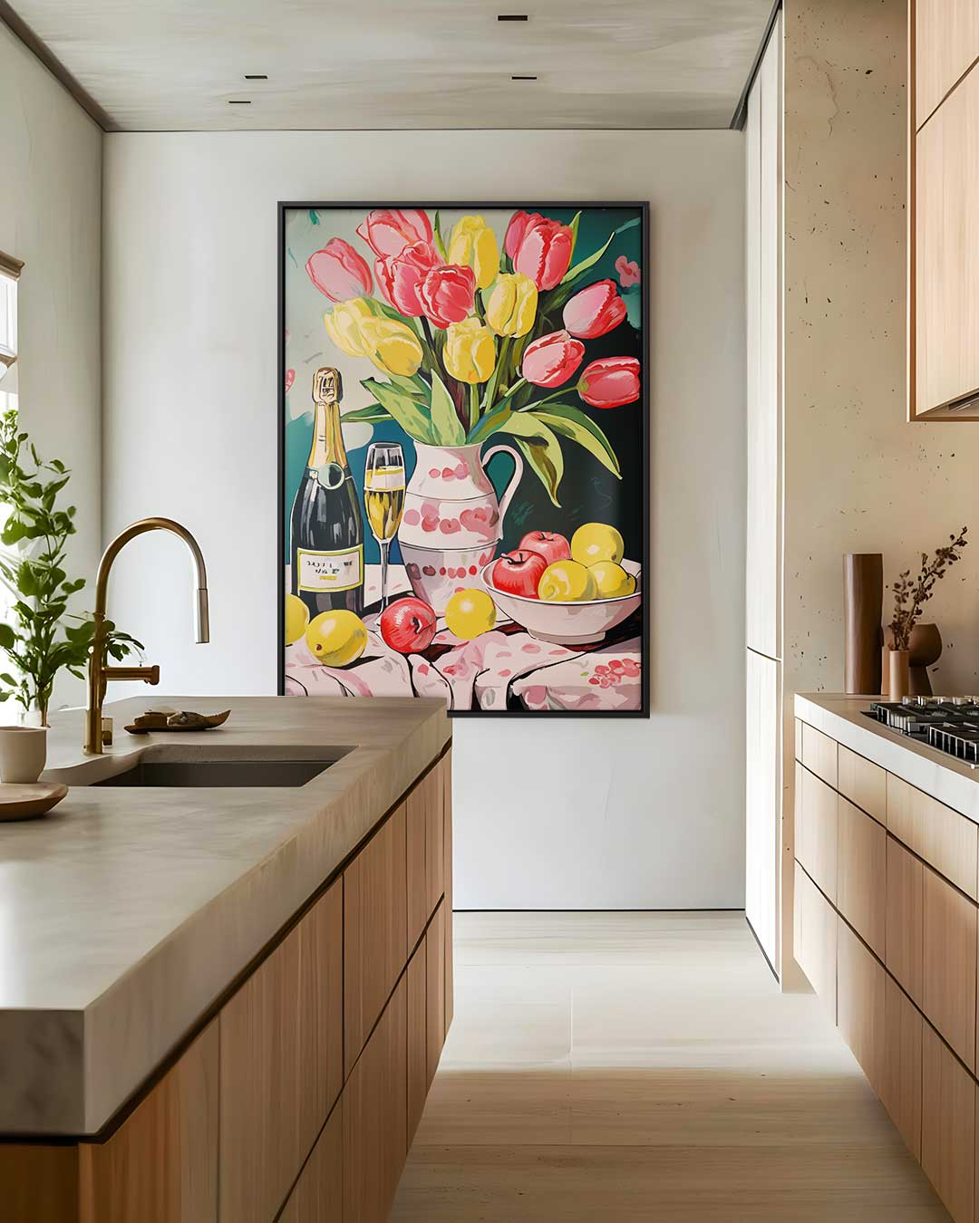 Tulpen en Champagne Stilleven Kunstwerk-canvas-dibond-plexiglas-wanddecoratie-WallArtistic