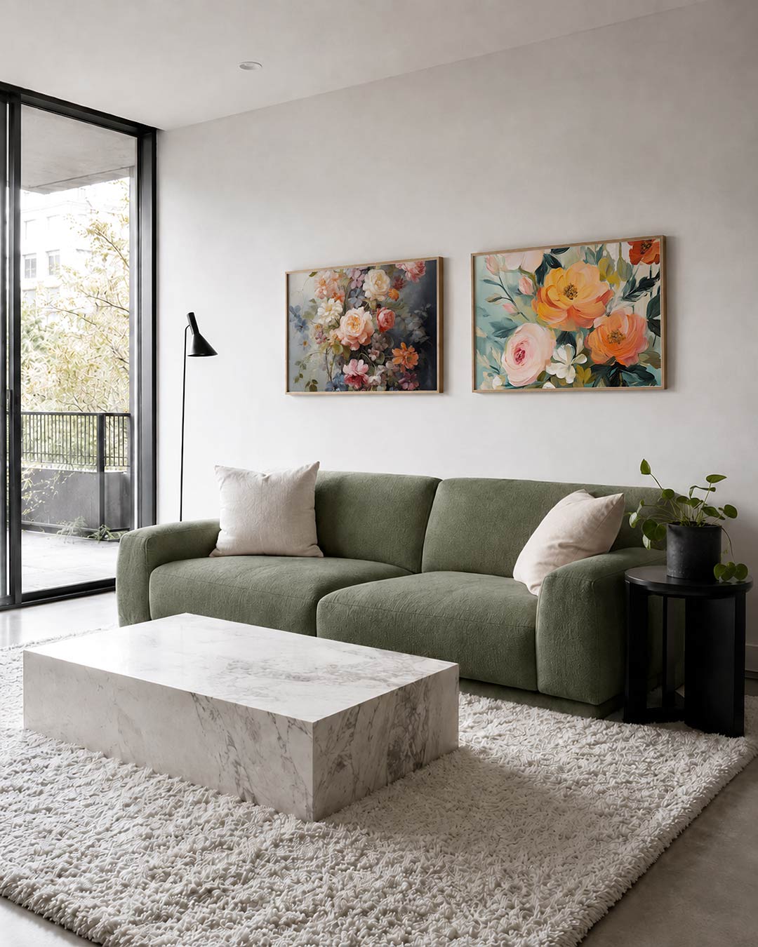 Twee liggende posters met een weelderige verzameling bloemen in zachte tinten, aan de muur in een interieur