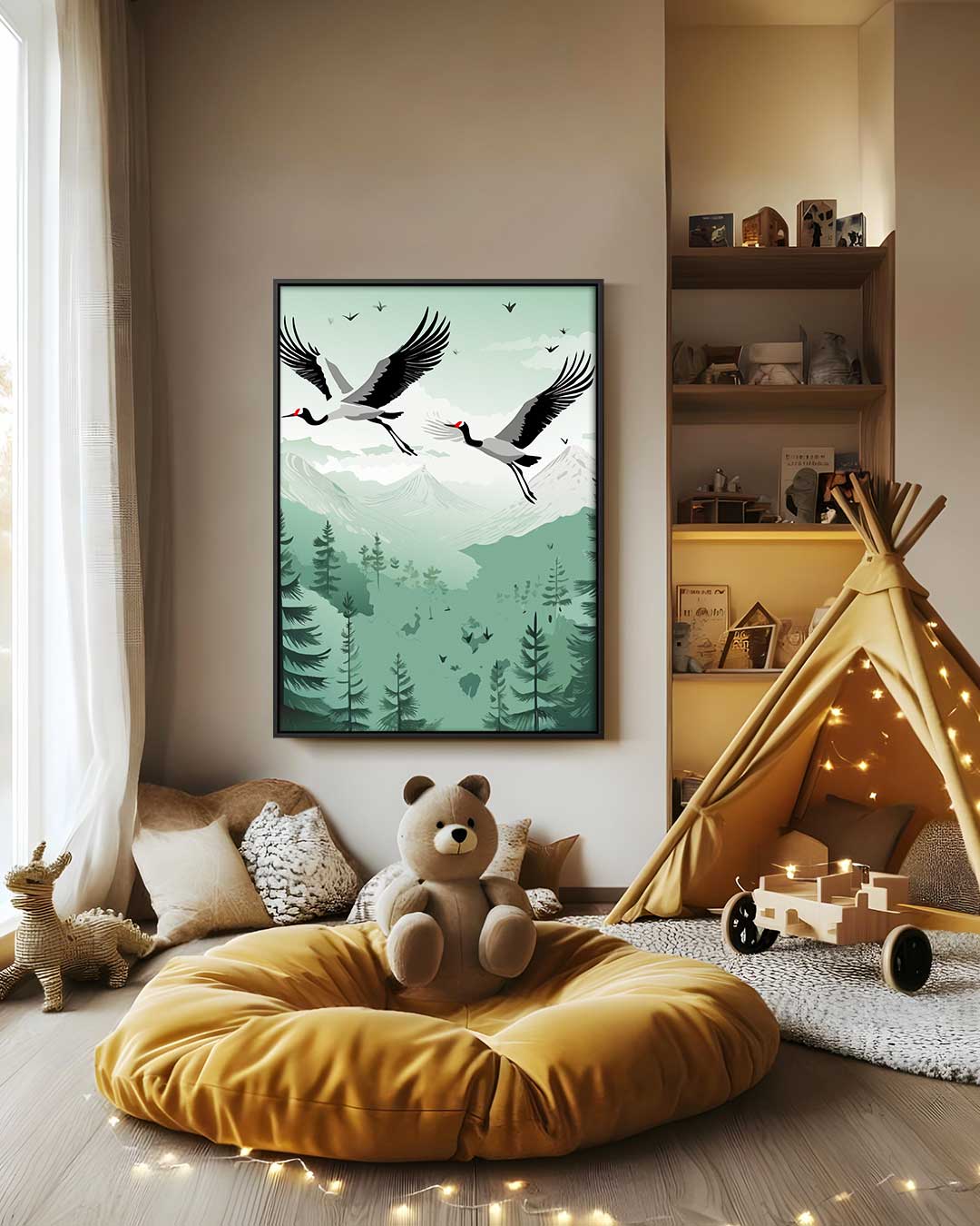Flying Cranes over Mountains Artwork