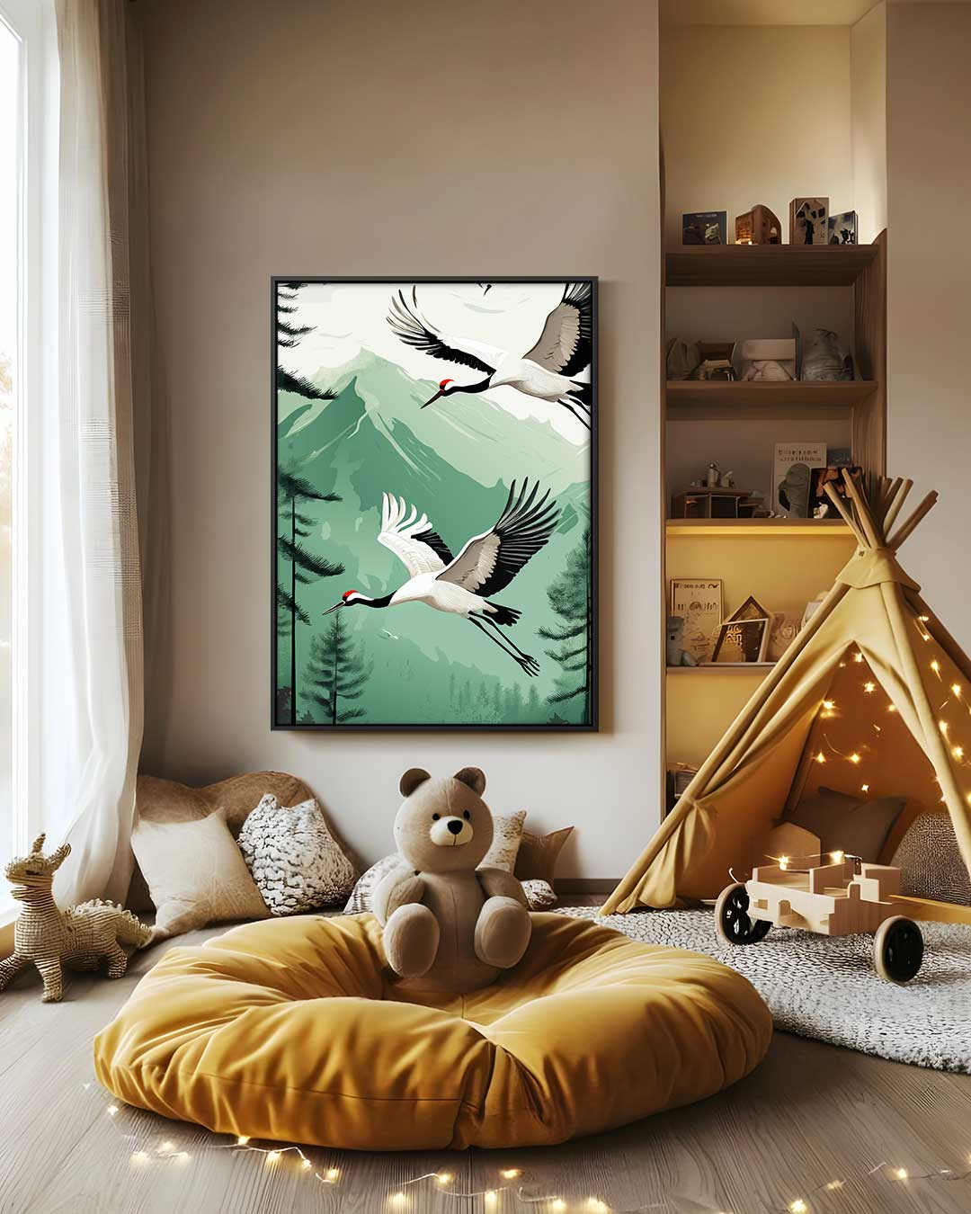 Flying Cranes in Mountain Landscape Artwork