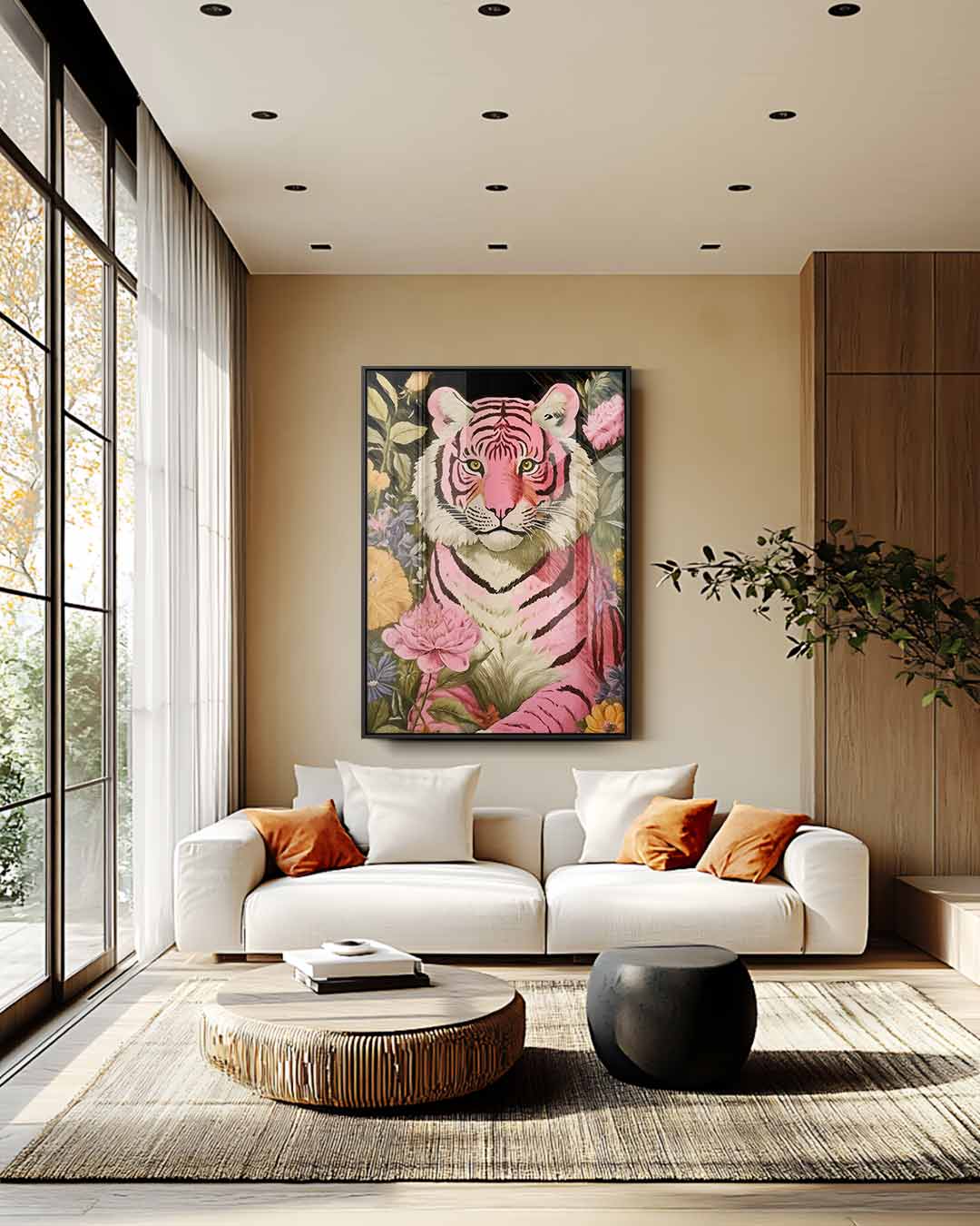 Roze Tijger in Bloemenzee Kunstwerk-canvas-dibond-plexiglas-wanddecoratie-WallArtistic