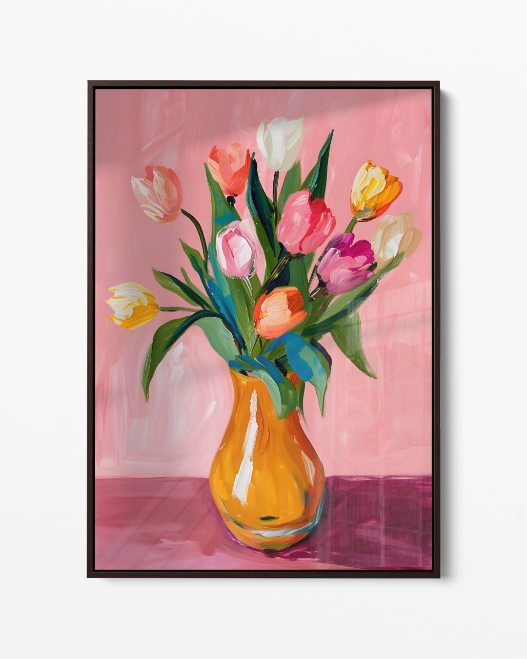 Vrolijk Tulpenboeket op Roze Achtergrond Kunstwerk-canvas-dibond-plexiglas-wanddecoratie-WallArtistic