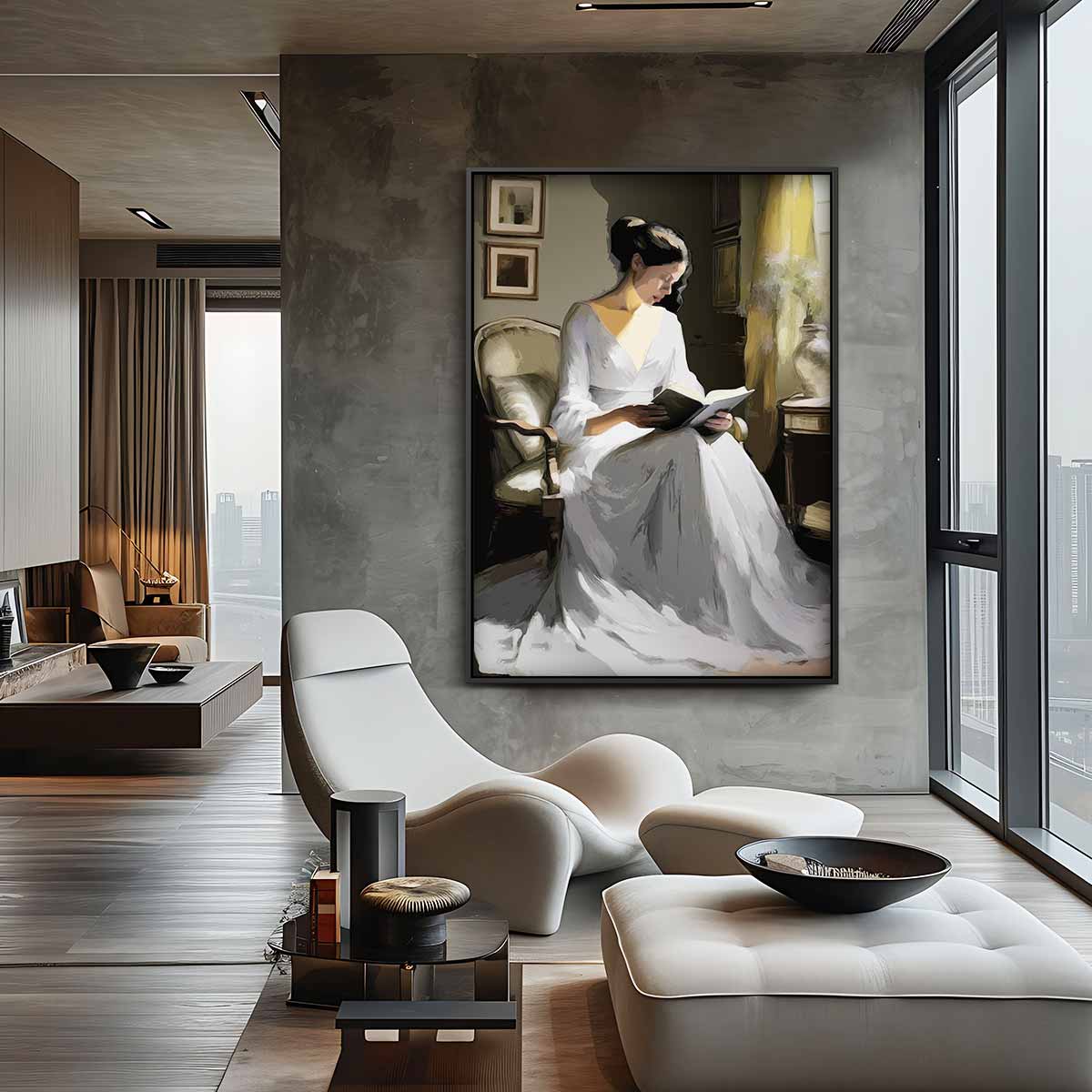 Vrouw Lezend in de Zonnestraal Kunstwerk-canvas-dibond-plexiglas-wanddecoratie-WallArtistic
