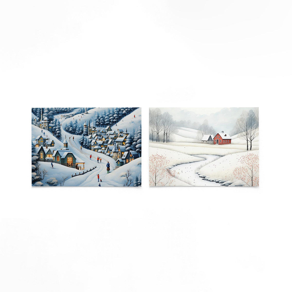 Twee liggende posters met een winterse scène met besneeuwde daken en glooiende heuvels op een gebroken witte achtergrond