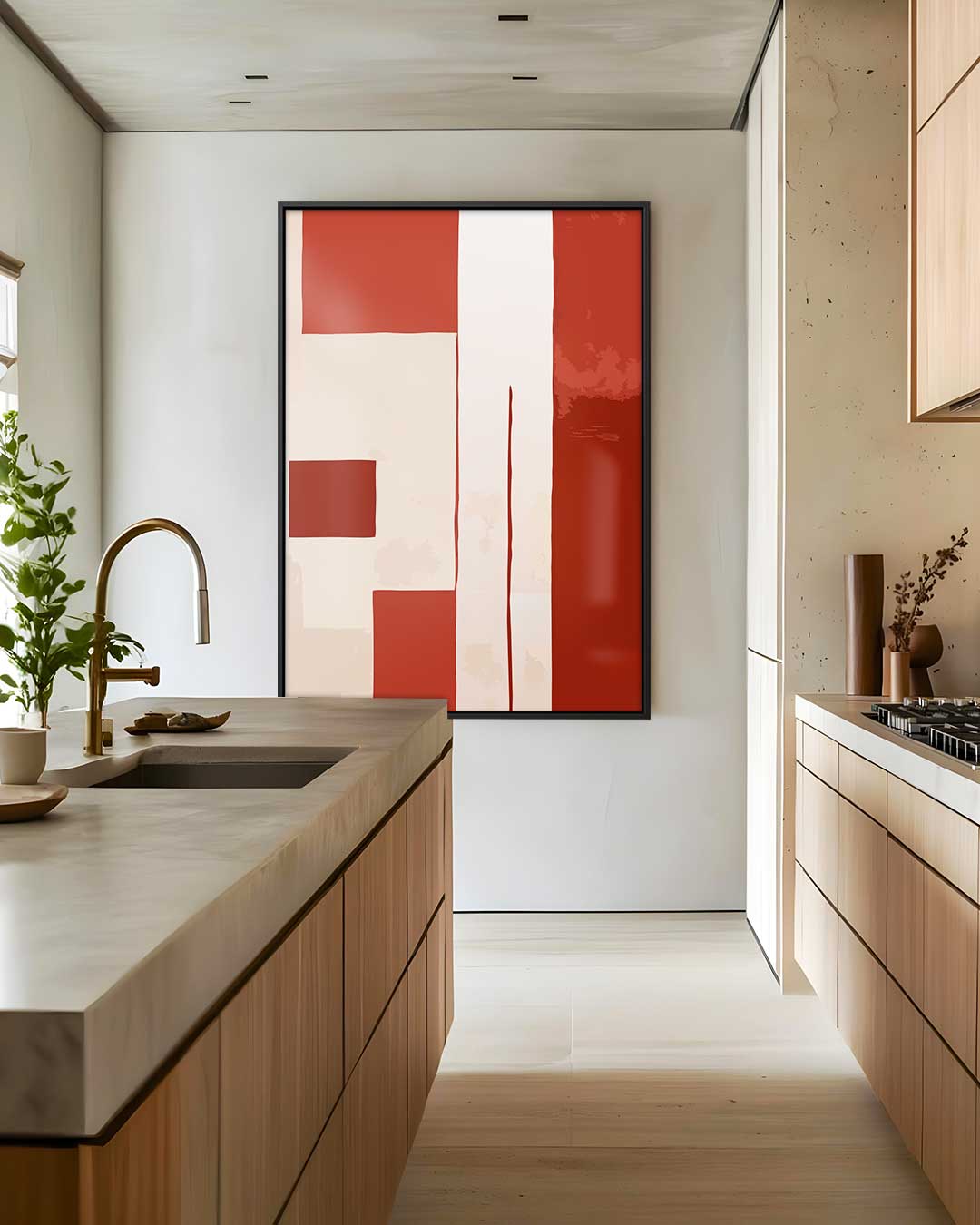 Abstracte Rood-Beige Compositie Kunstwerk-canvas-dibond-plexiglas-wanddecoratie-WallArtistic