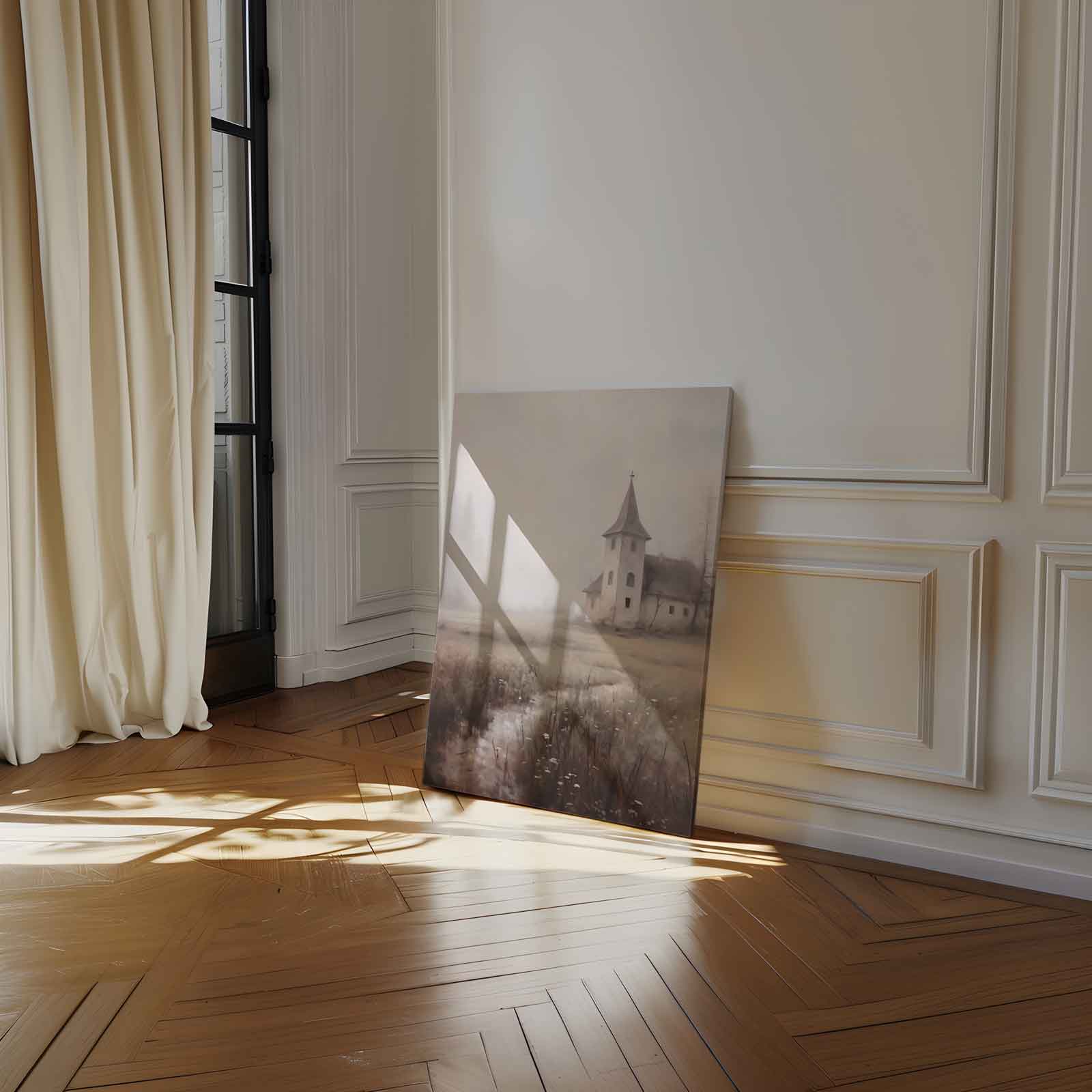 Mystieke Morgen aan de Kapel Kunstwerk-canvas-dibond-plexiglas-wanddecoratie-WallArtistic