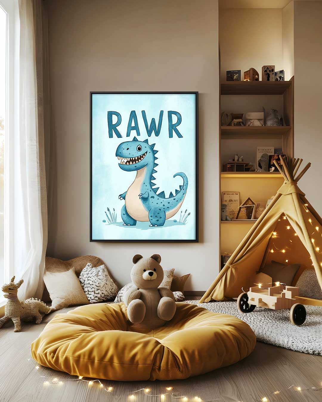 Speelse Dinosauruskunst voor Kinderen Kunstwerk-canvas-dibond-plexiglas-wanddecoratie-WallArtistic