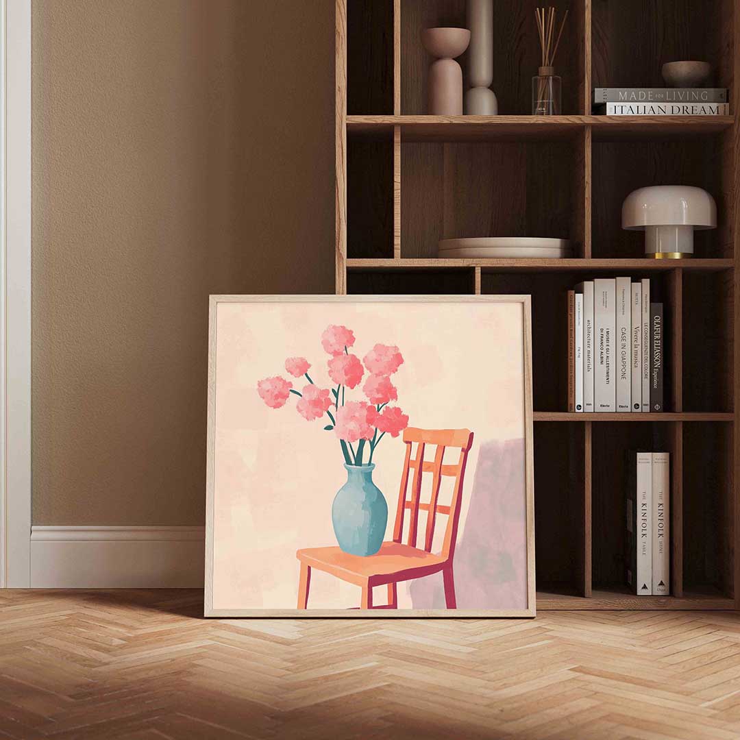 Bloemen in vaas op stoel Poster