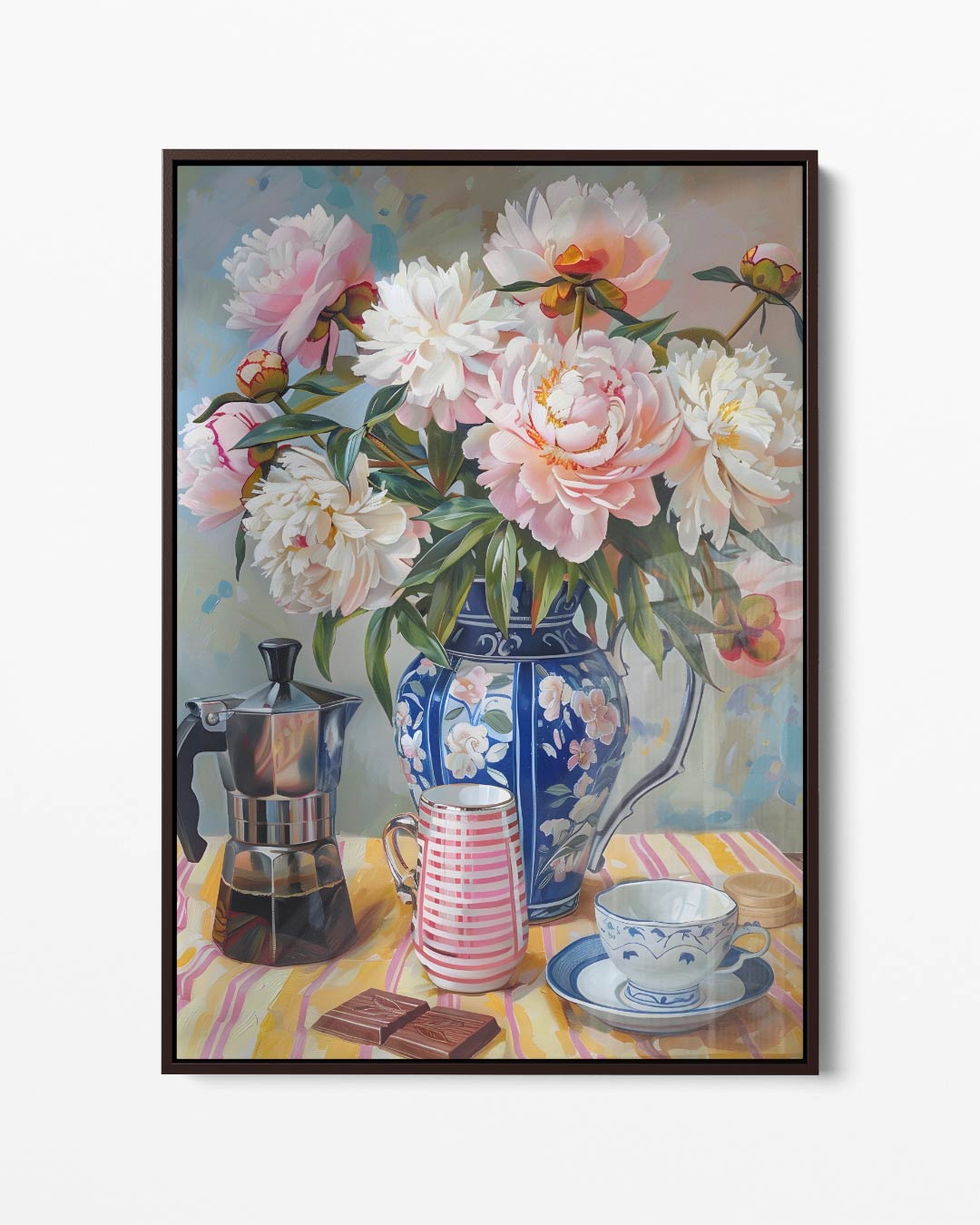 Pioenrozen en Koffie Genot Kunstwerk-canvas-dibond-plexiglas-wanddecoratie-WallArtistic