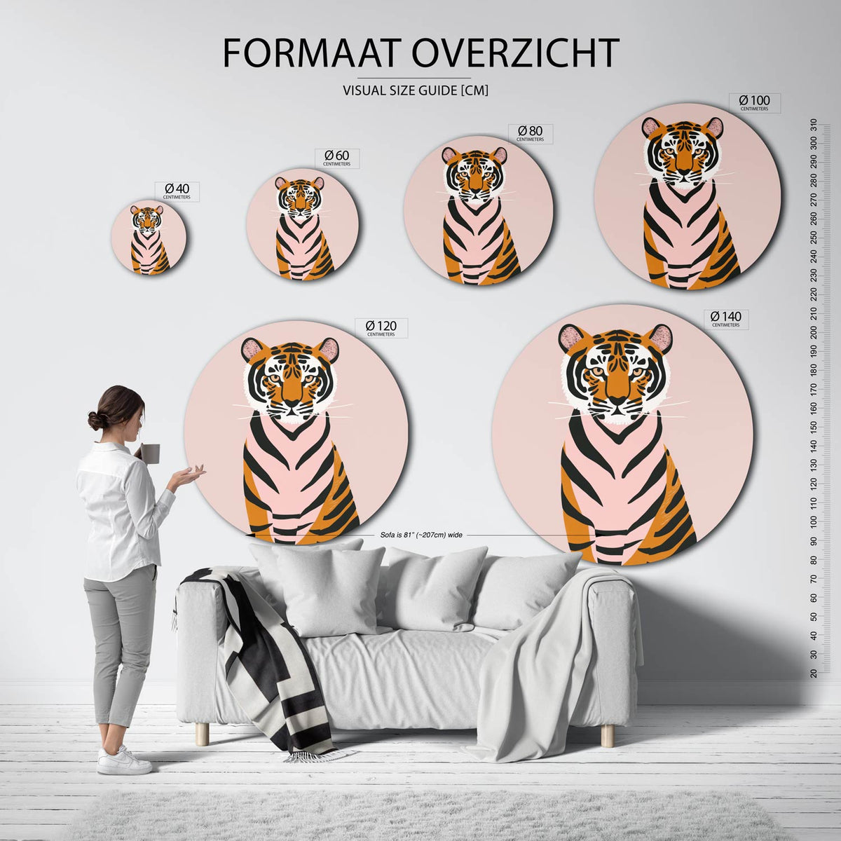 Tijger op roze Muurcirkel – extra productweergave – Een tijger met oranje en zwarte strepen op een roze achtergrond.