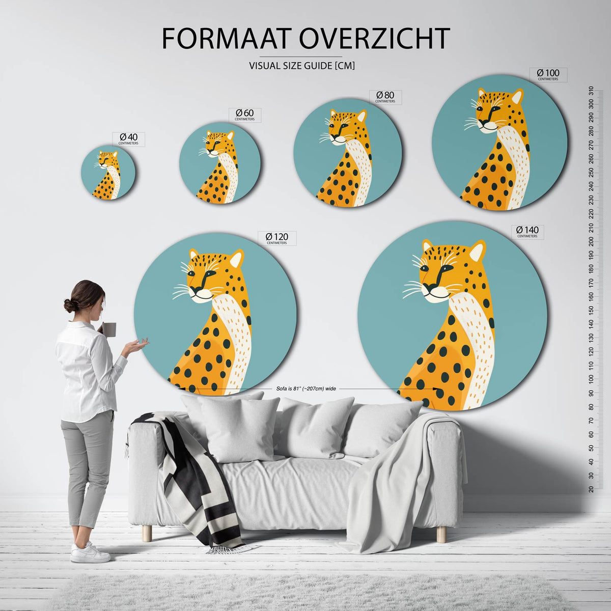 Luipaard illustratie Muurcirkel – extra productweergave – Een gestileerd luipaard met oranje en zwarte vlekken tegen een