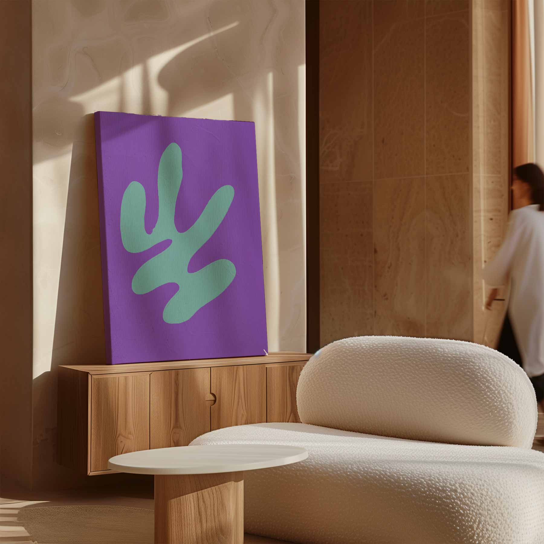 Abstracte Blauwe Vormen op Paars Kunstwerk-canvas-dibond-plexiglas-wanddecoratie-WallArtistic