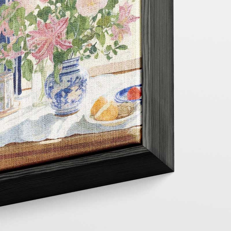 Zomers Bloemenboeket in Blauwe Vaas Kunstwerk-canvas-dibond-plexiglas-wanddecoratie-WallArtistic