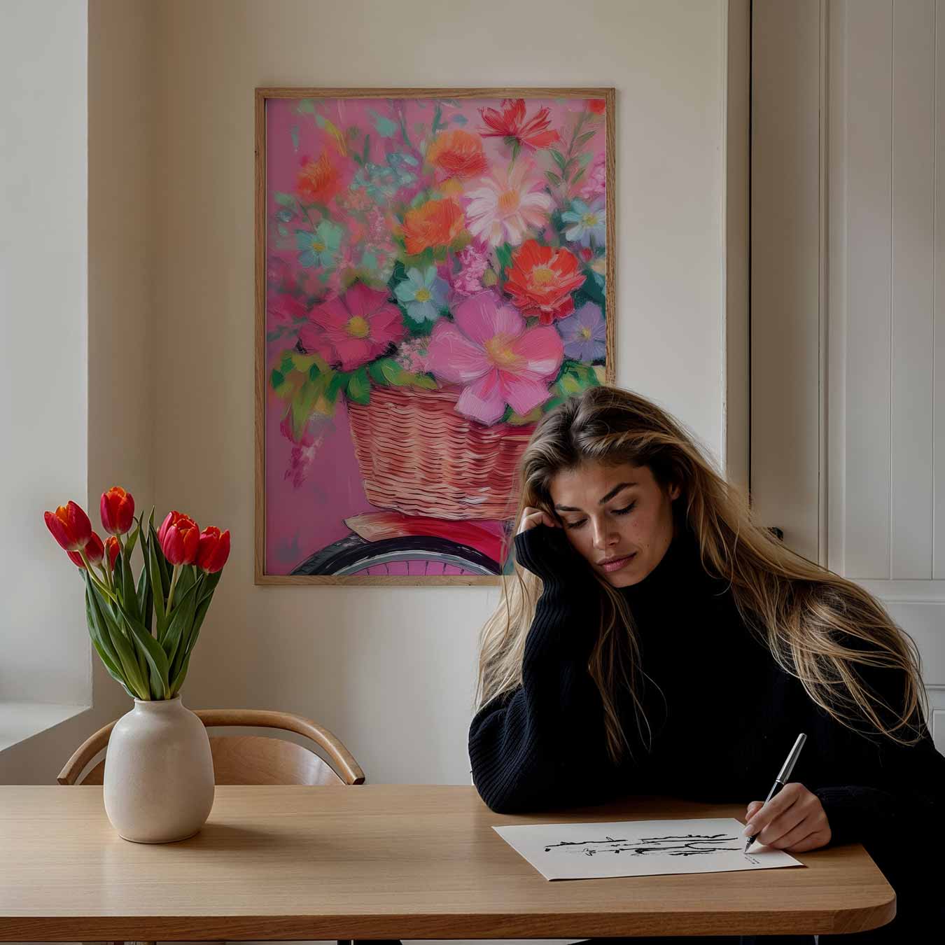 Bloemenmand op Roze Fiets Poster