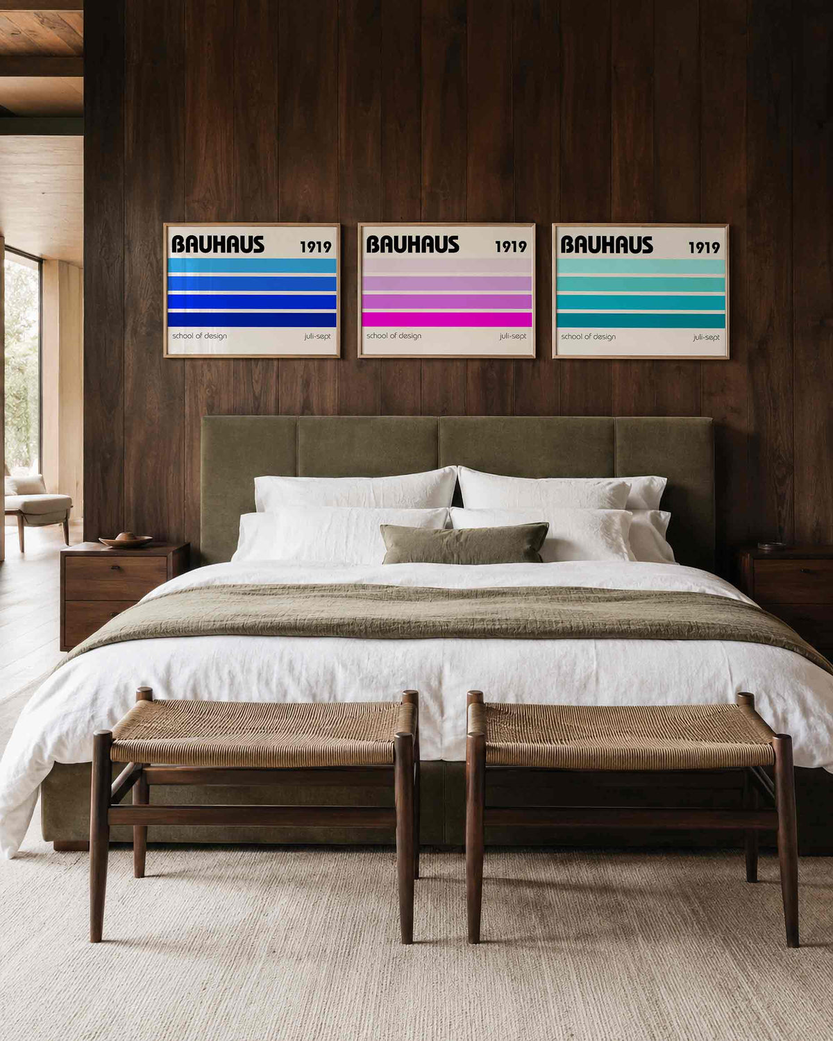 Interieurmockup van drieluik landscape-posterset met blauwe strepenreeks