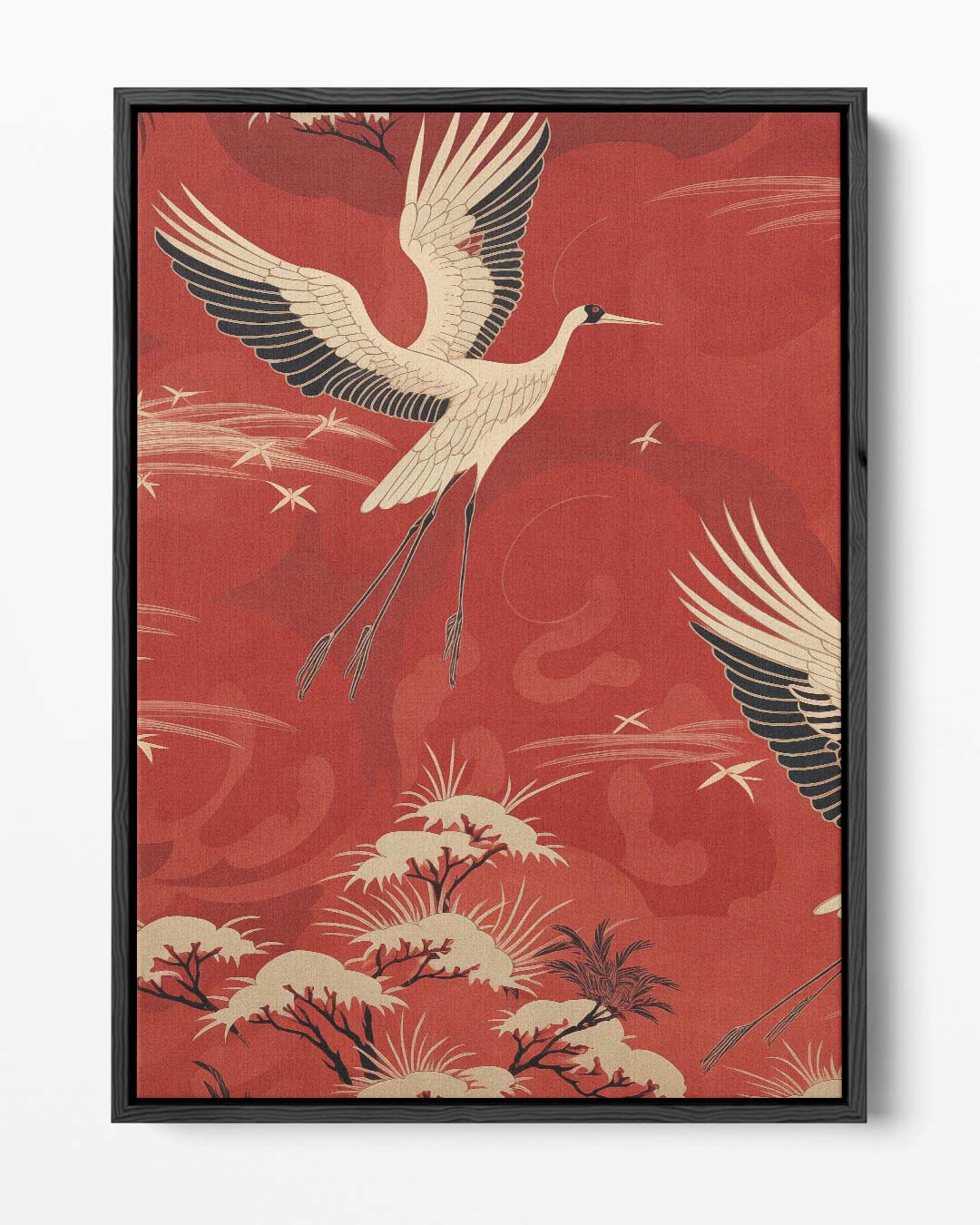 Vliegende Kraanvogels in het Rood Kunstwerk-canvas-dibond-plexiglas-wanddecoratie-WallArtistic