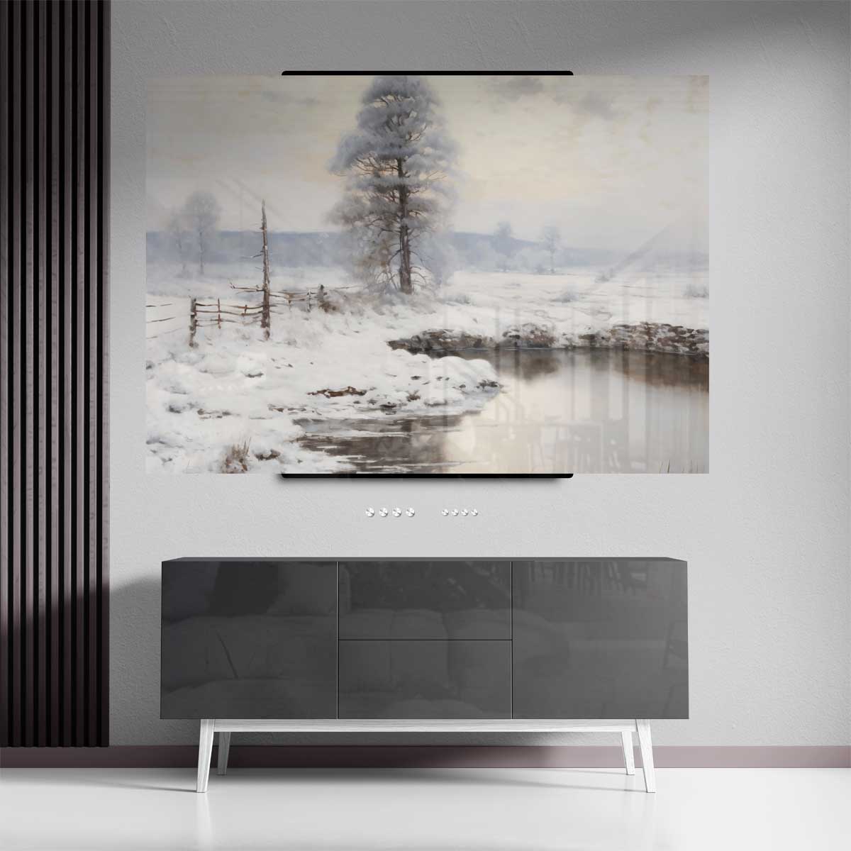 Winterlandschap met Sneeuw en Vijver Kunstwerk-canvas-dibond-plexiglas-wanddecoratie-WallArtistic